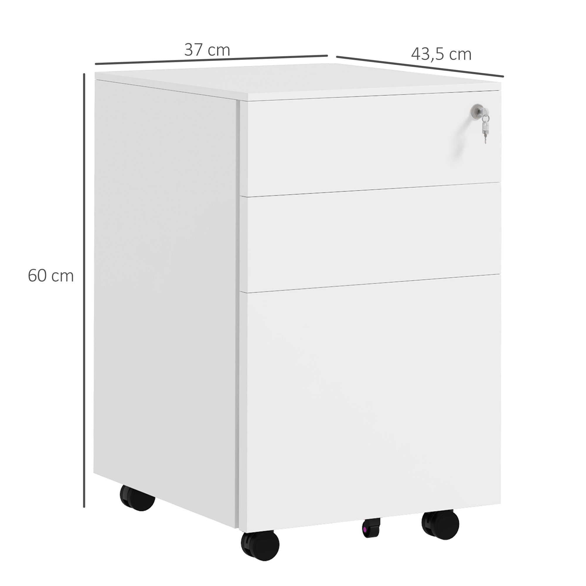 x Büroschrank), 43,5 x Weiß Vinsetto (Druckschrank, 1 cm, Schloss, Aktenschrank 3 Stahl, für mit Schubladen, 60 Bürocontainer mit St., Büroschrank, A4-Format, Rollcontainer 37
