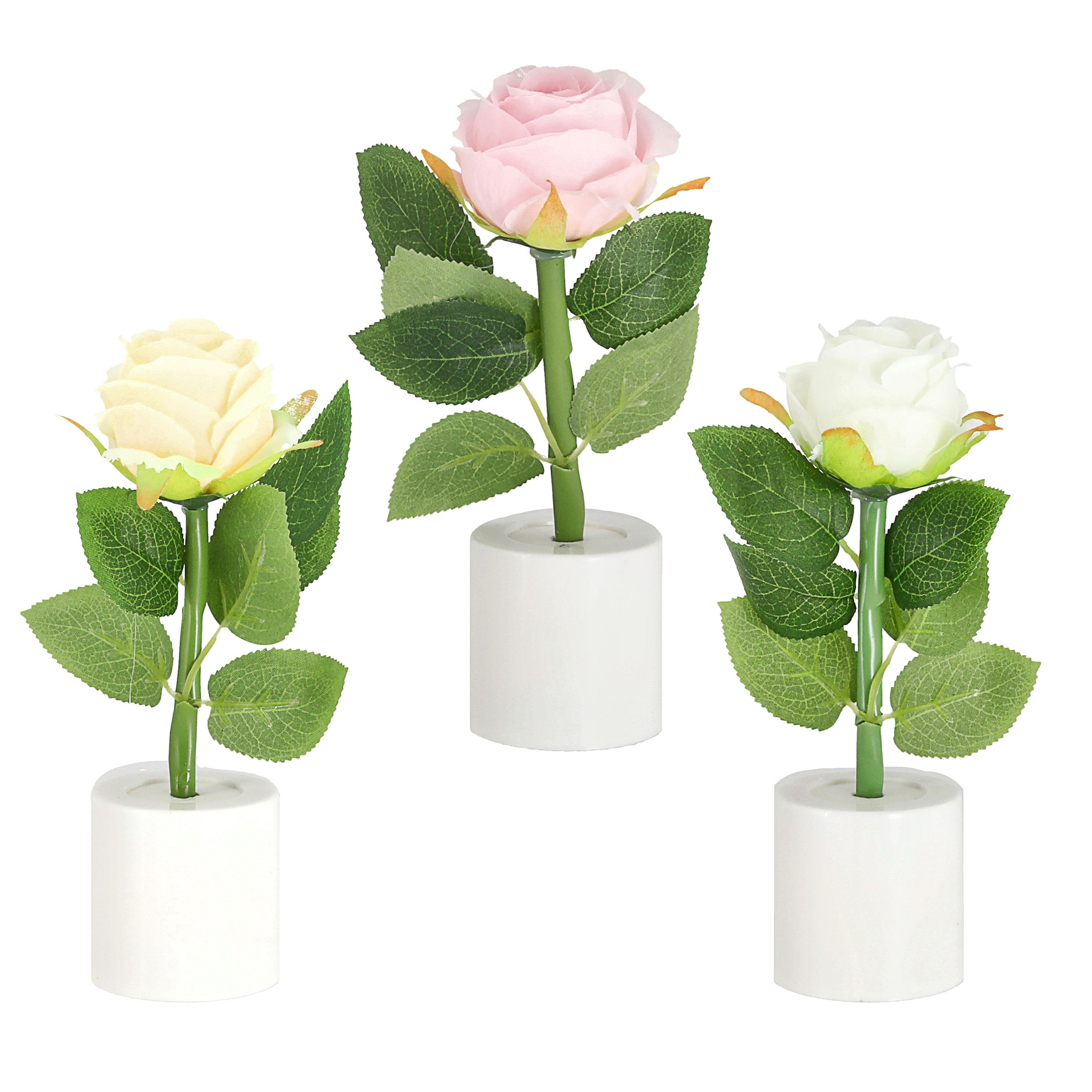 CEPEWA LED Dekolicht LED Rosen 3er Set Polyester PE 5x17cm creme weiß rosa Batterie Blume