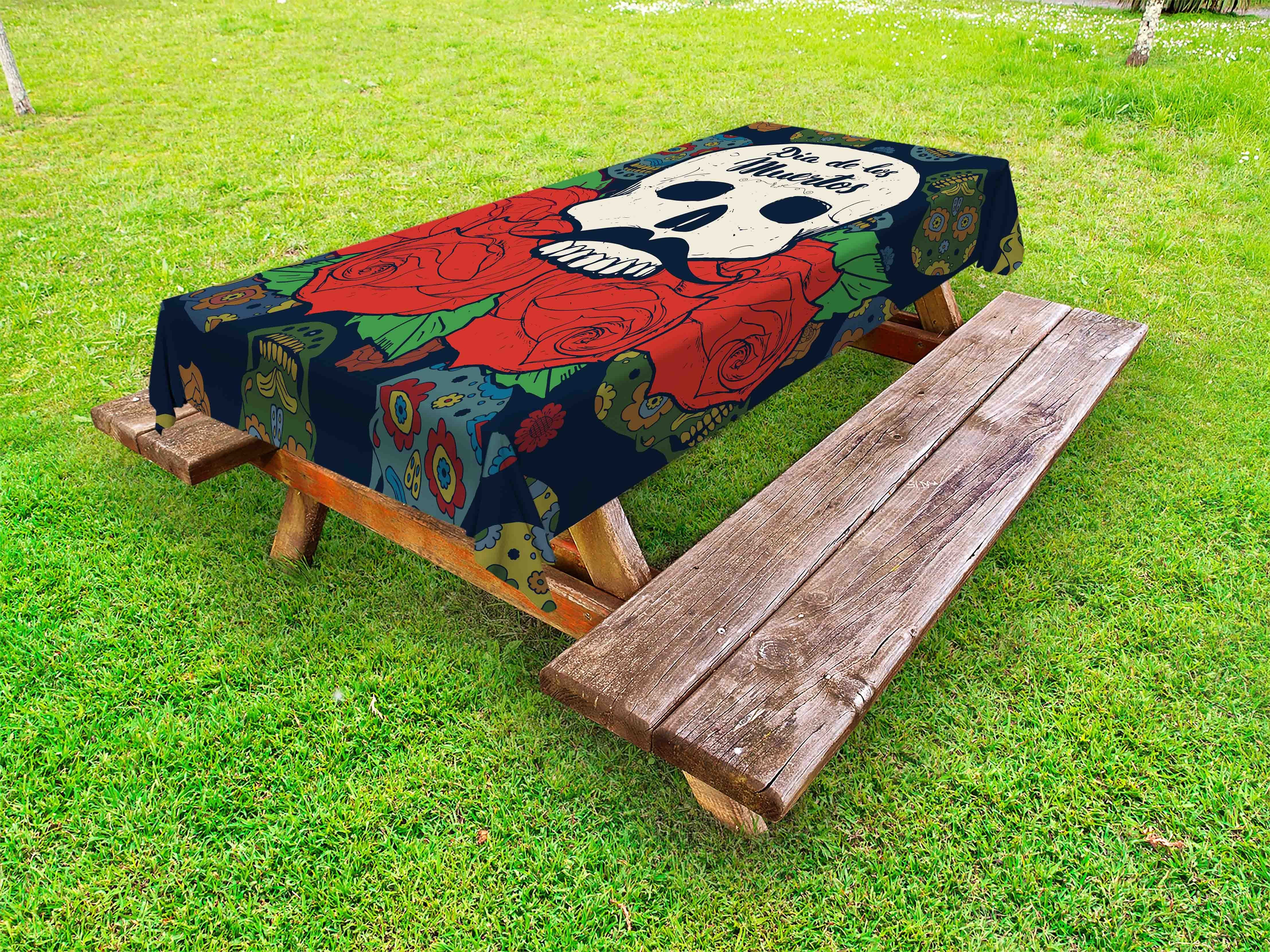 Abakuhaus Tischdecke dekorative waschbare Picknick-Tischdecke, Dia De Los Muertos Schädel mit Rosen