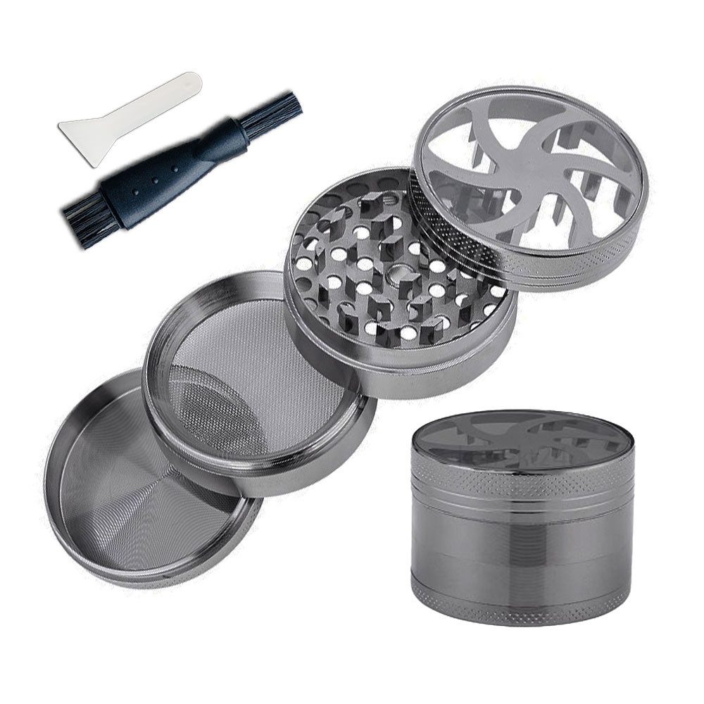 Coumo Kräutermühle Metall Grinder Crusher Helix Design ⌀ 5cm Anthrazit Gewürzmühle, Sichtfenster