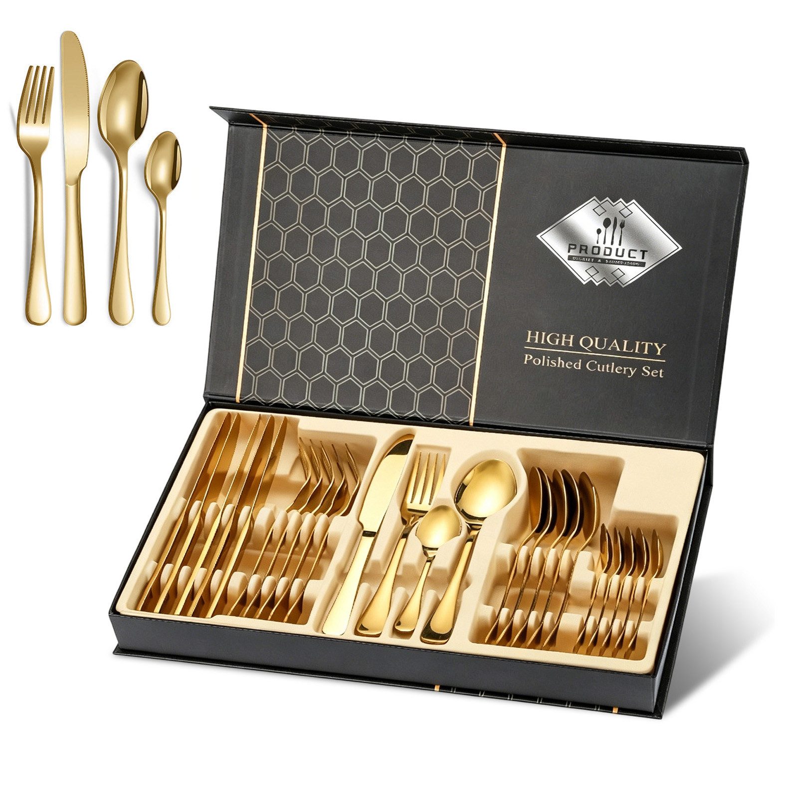 AKKEE Besteck-Set Golden Besteck 24 Stücke für 6 Personen, Besteckset mit Geschenkpaket, 6 Personen, Edelstahl, Spiegelpolierter