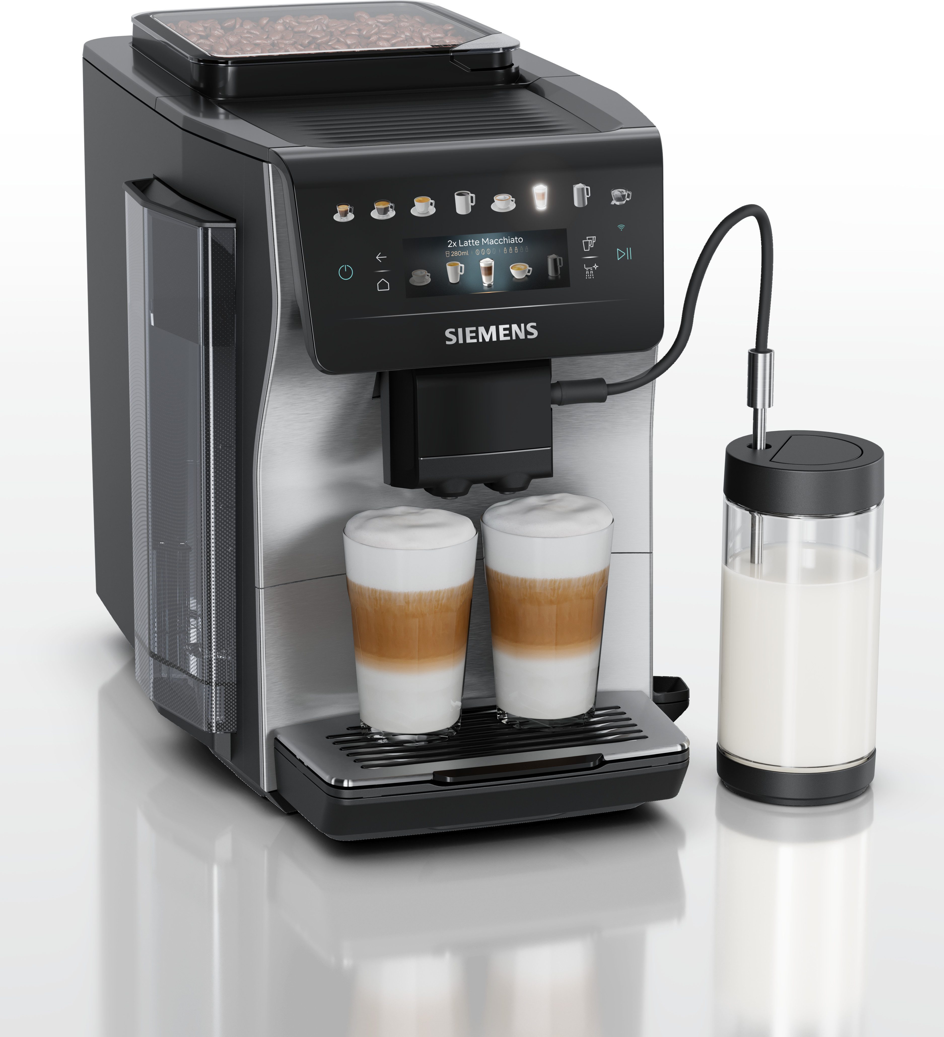 SIEMENS Kaffeevollautomat EQ600 TP605EM3, 8 Getränke, XL-Getränke, bis zu 480ml, Kannenfunktion, bis zu 10 Favoriten, Doppeltassenfunktion, Keramikmahlwerk, Edelstahl