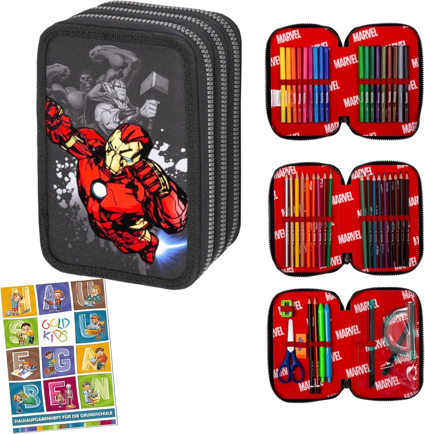GOLDKIDS Пеналы 3 Fächer - Mäppchen für Mädchen und Jungen -, (Federmappe 3-Fach Federtasche, 1-tlg., Gefüllte Schüleretui 46-teilig), Schulmäppchen und Hausaufgabenheft - Avengers Motiv