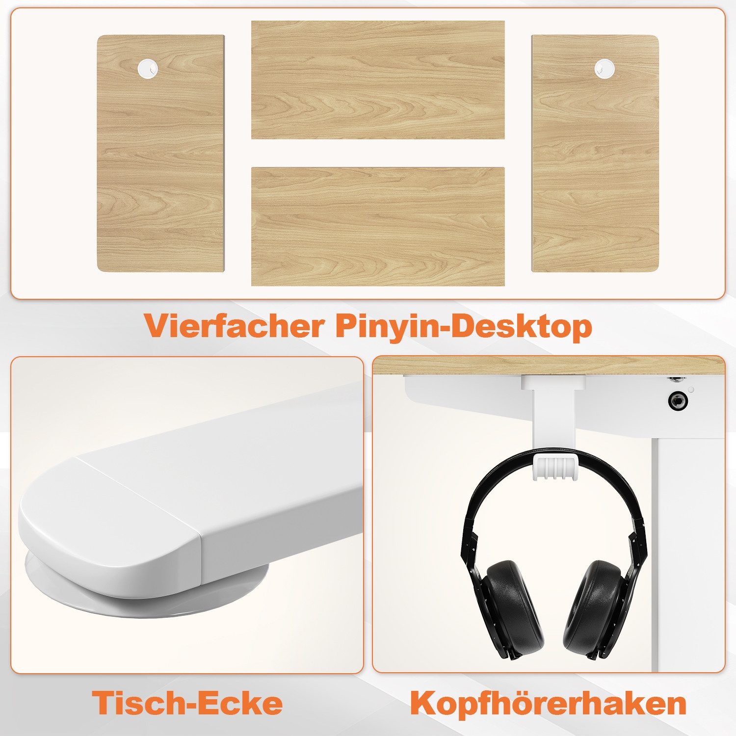 HOMALL Schreibtisch Höhenverstellbarer Elektrisch Schreibtisch, Vierteilige Tischplatte (Große Größe 140*70cm 160/180*80cm, mit USB-Ladeanschluss, einstellbare 3-stufige Höhe)