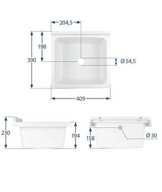 SANITOP WINGENROTH Waschbecken (Ausgussbecken wandhängend, 1-St), 40 cm, Kunststoff, Spritzschutz, 042130