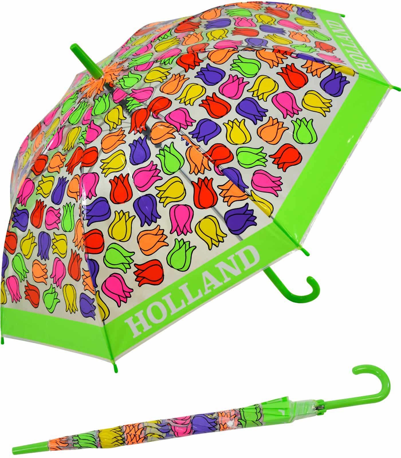 Spezial Impliva Langregenschirm Falconetti Kinderschirm grün bunt - durchsichtig transparent Tulpen
