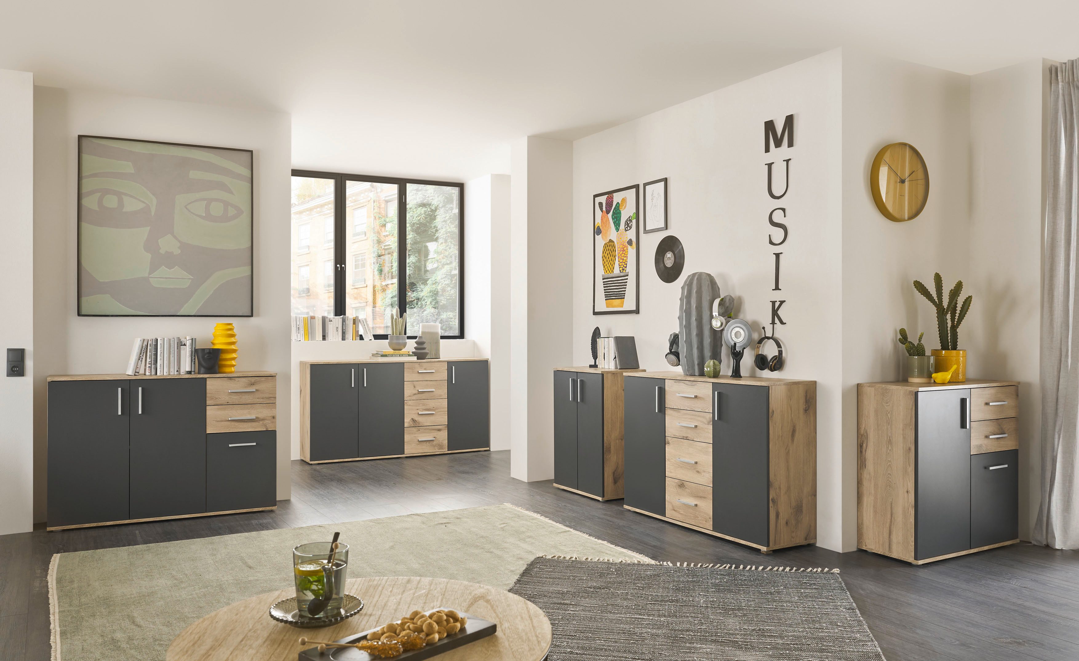 HBZ Kommode BC-Drift-2, Sideboard Stellmaß BxHxT 160x84x35 cm (1 St), Sideboard mit 3 Türen und 4 Schubkästen, 2 Einlegeböden