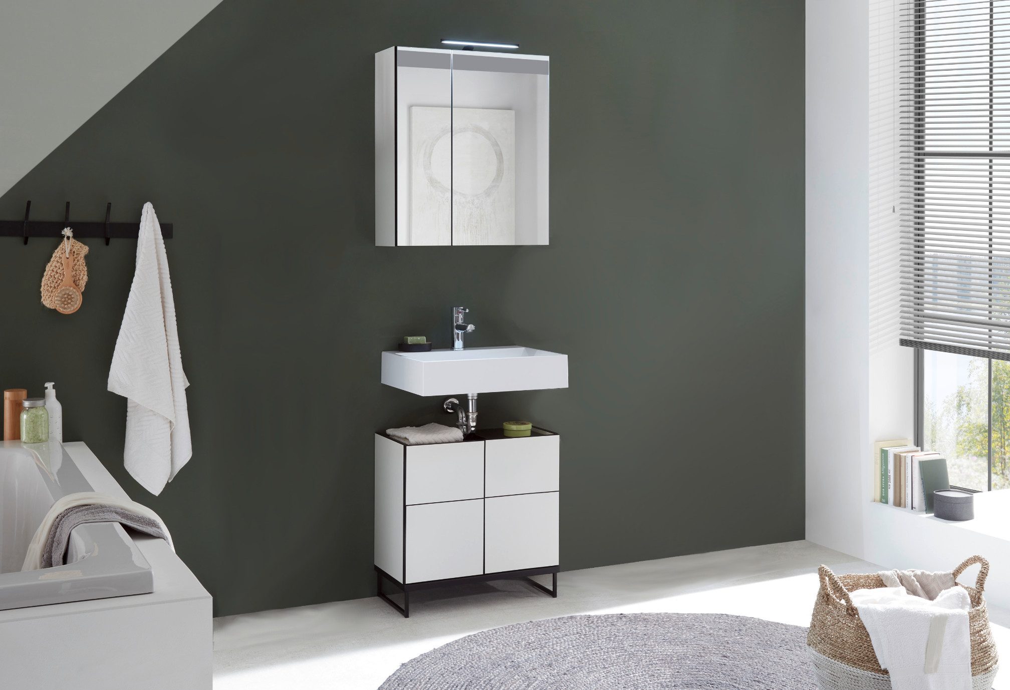 moebel-dich-auf Badmöbel-Set VENEZIA, (Set 4, 2-St., Spiegelschrank, Waschbeckenunterschrank), Weiß matt, Absetzung: Schwarz