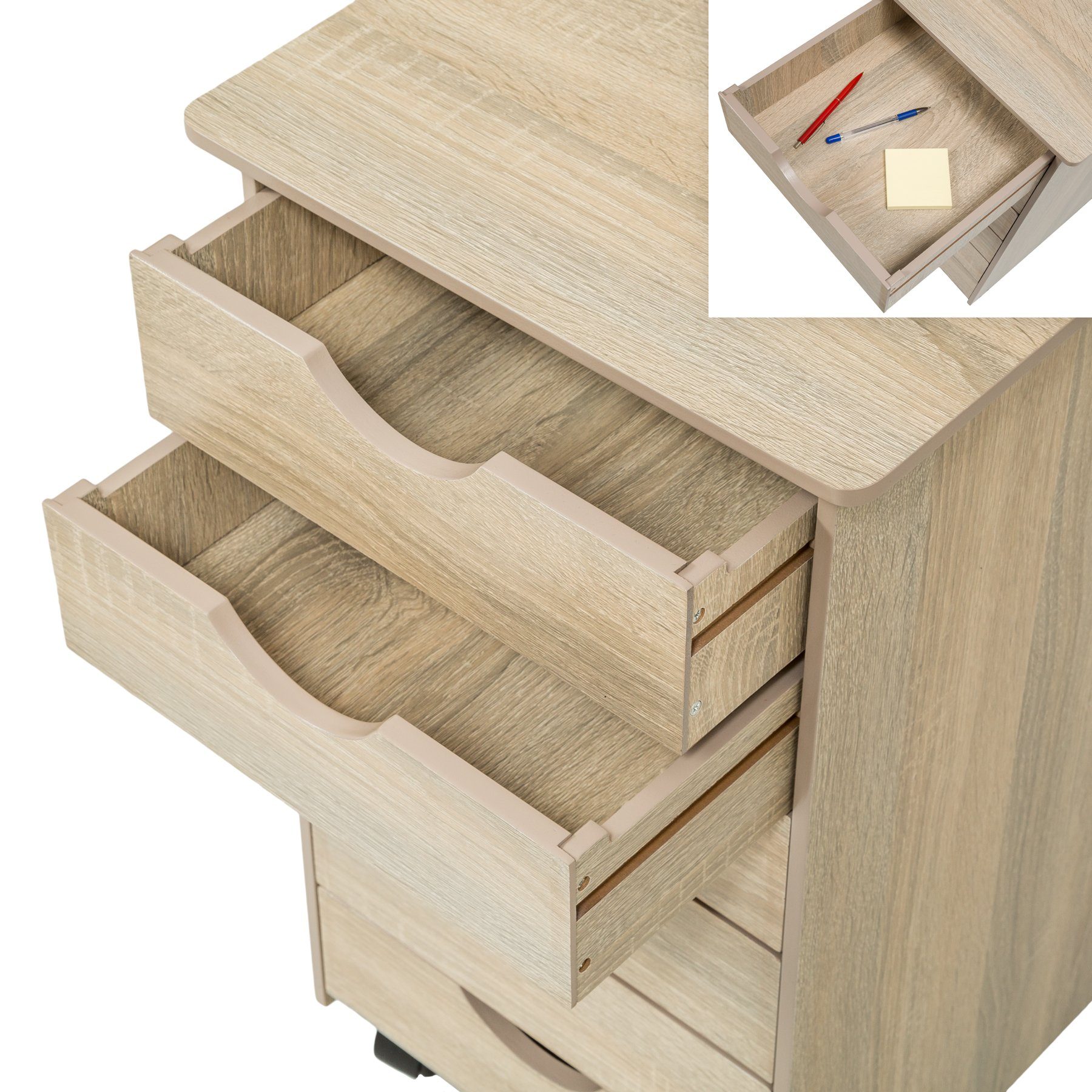 Holz tectake Rollcontainer Eiche Rollcontainer Holz Sonoma hell, aus 65x36x40cm