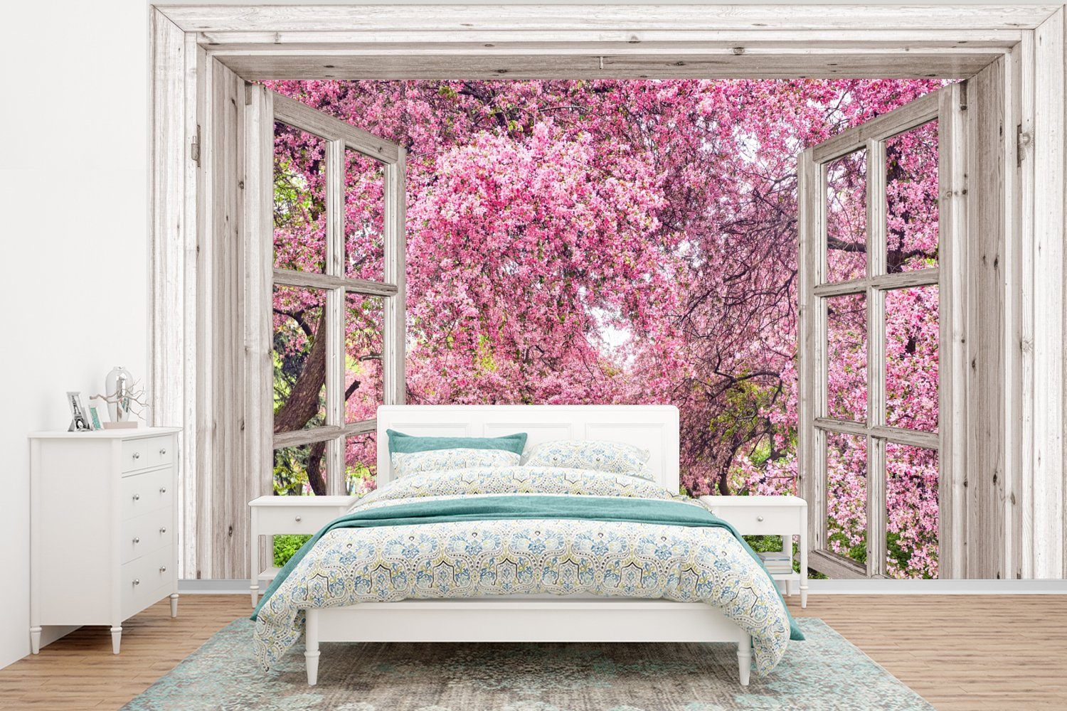 bedruckt, Baum Wohnzimmer, (6 - MuchoWow - - Sakura Kinderzimmer, Blüte St), Vinyl Durchsichtig, Fototapete - für - Blütenzweige Matt, Japanisch Schlafzimmer, Tapete Wallpaper