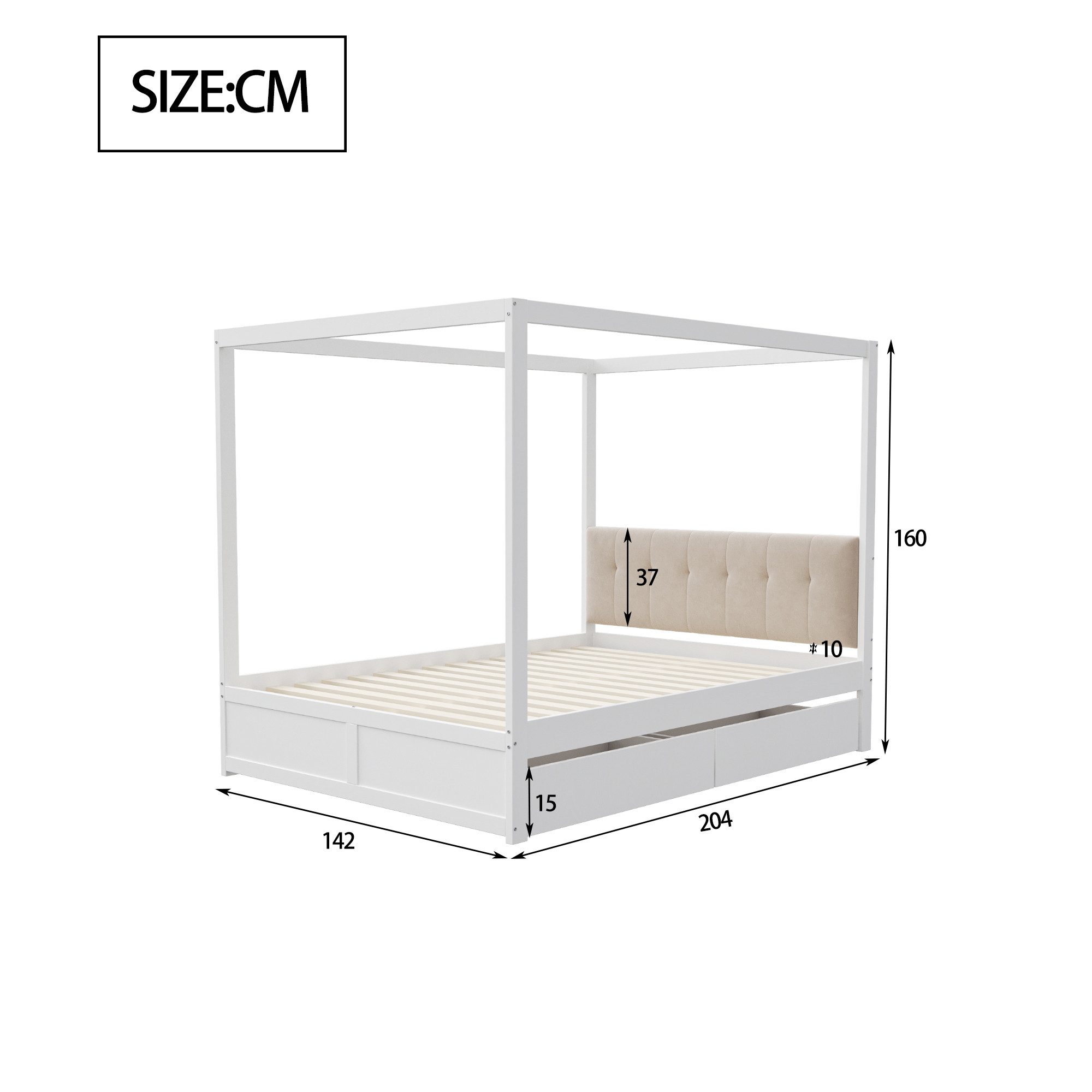 Odikalo Himmelbett Polsterbett Holzbett Schubladen weicher Rückenlehne weiß 140*200cm, Zwei große Schubladen, einfach zu montieren, schlichtes Design