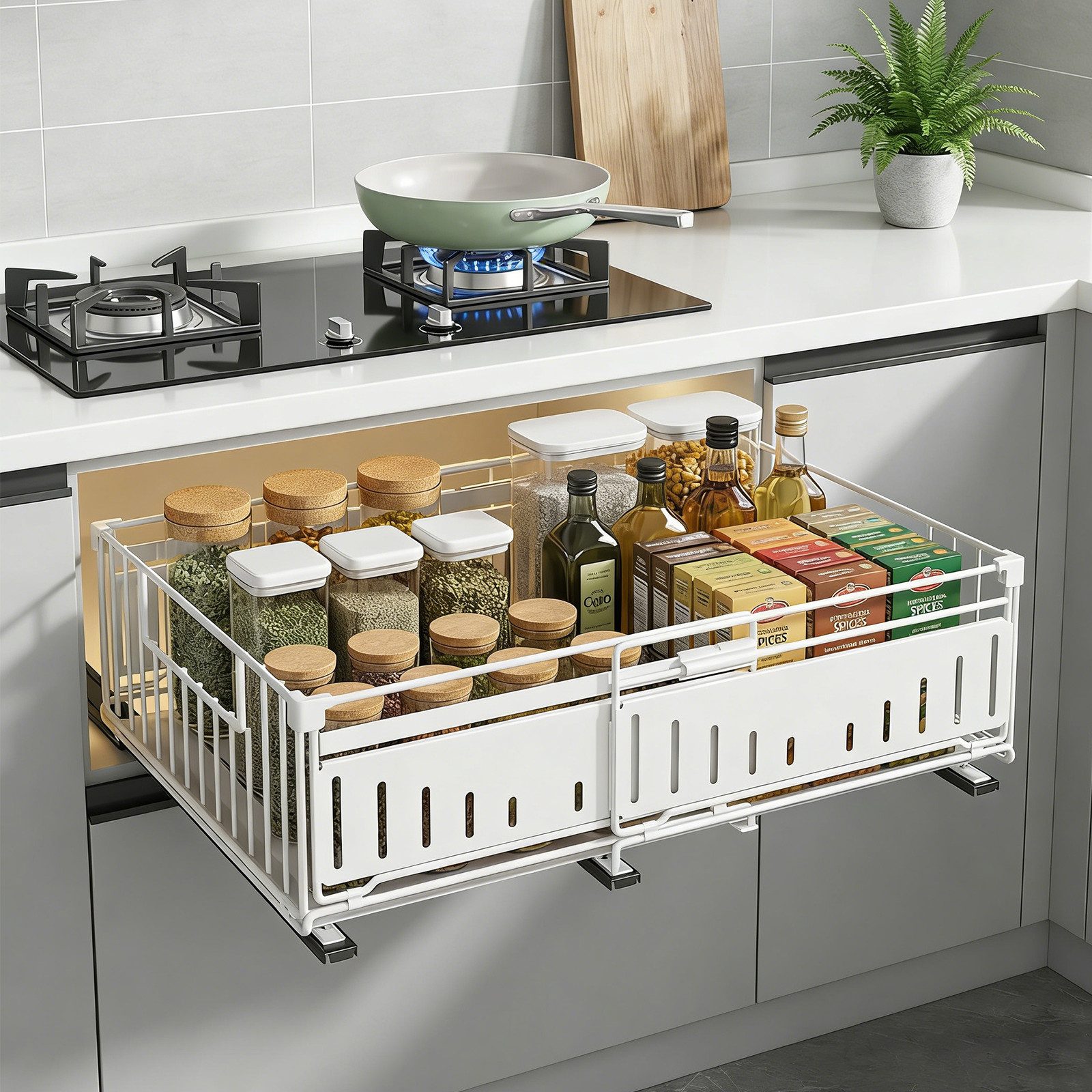 BlingBin Küchenorganizer-Set Teleskopschublade Ausziehbare Schublade Küche Organizer Schrankkorb, (1 Stück, ohne Bohren für Küche Küchenschränke, Bad, Zimmern und Abstellräumen), 39x16.5x32.5-49.5 CM,Pull Out Cabinet Drawer mit Kleber