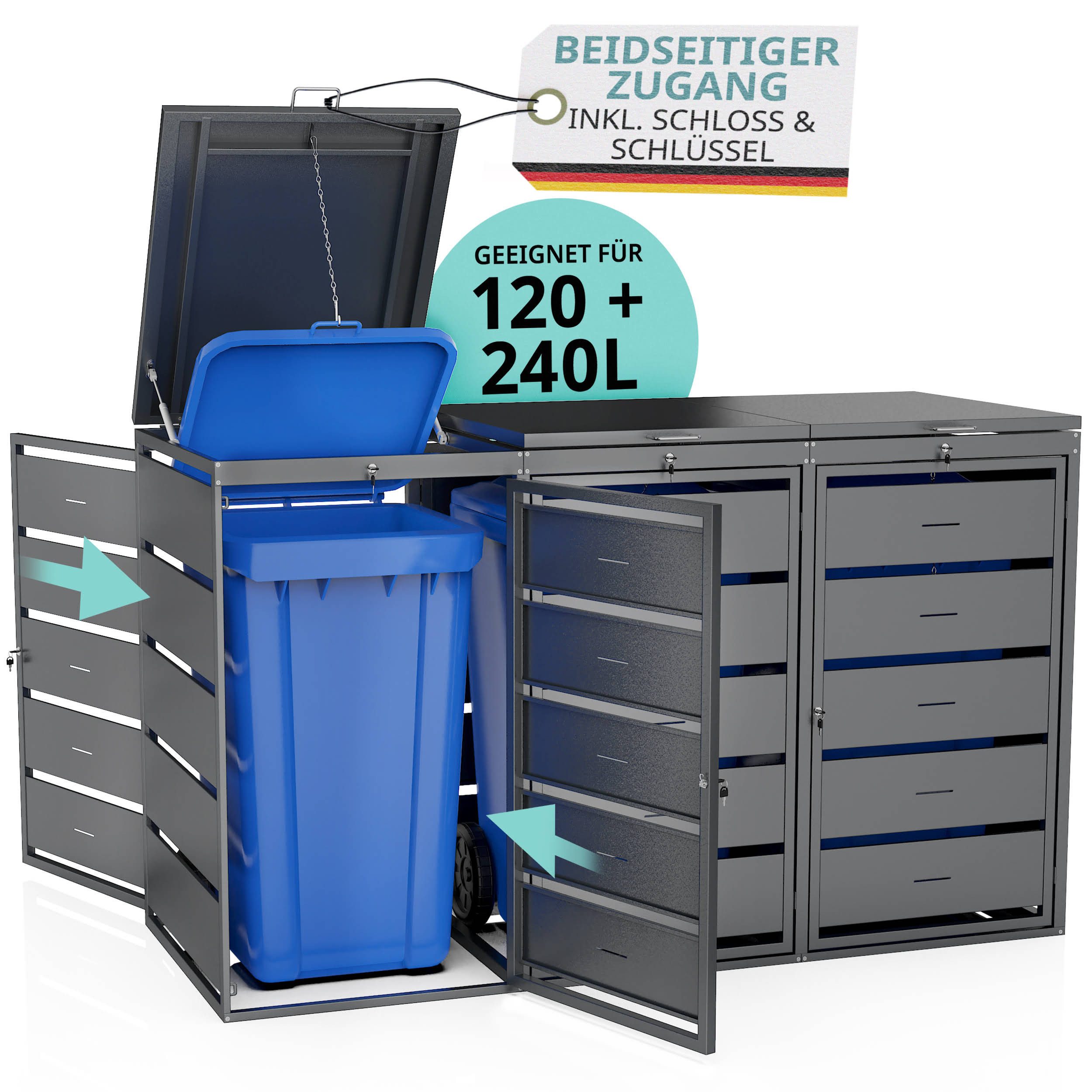 LAWA Living and Lifestyle Mülltonnenbox 3x240l oder 3x120l Metall anthrazit abschließbarer Deckel wetterfest, RAL 7016, 2x 3 Türen