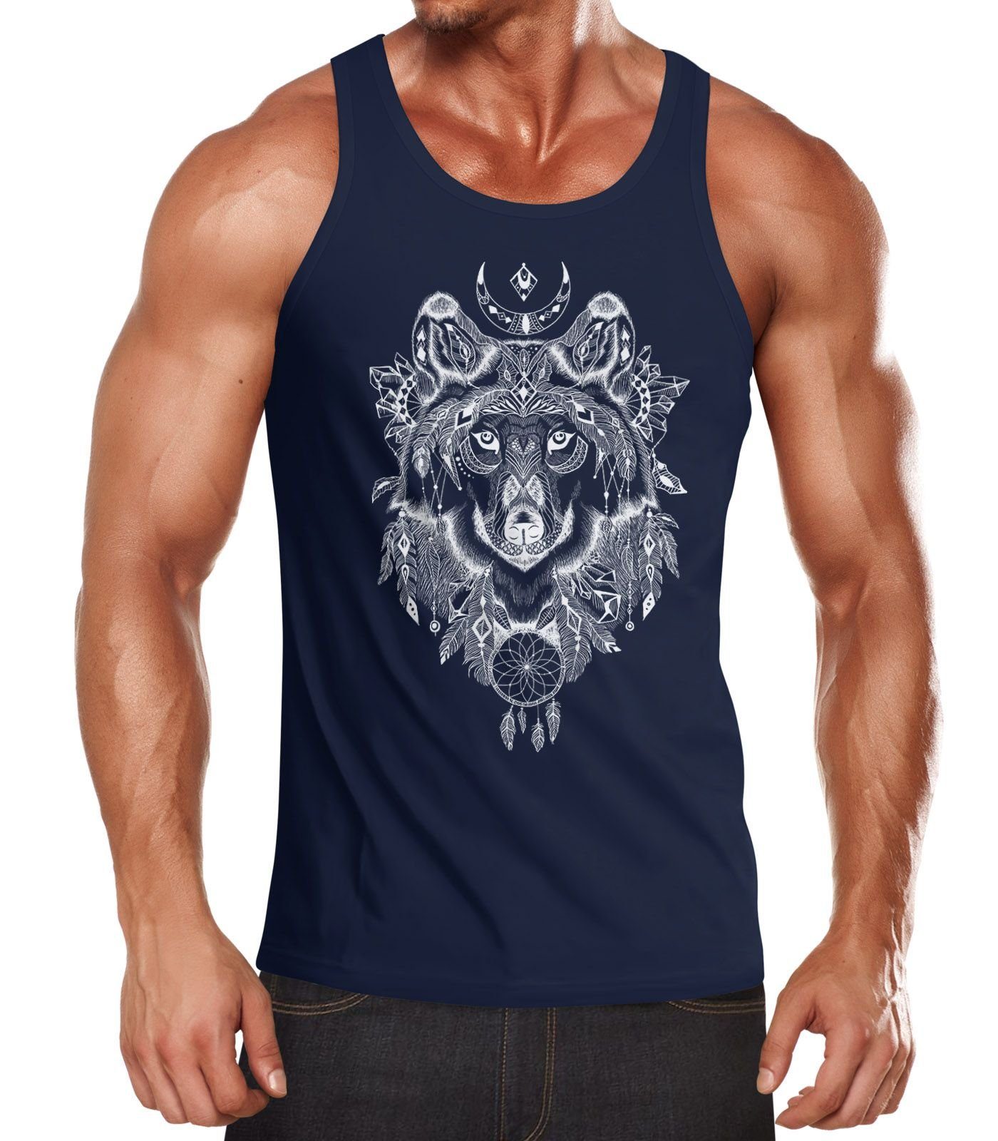 Neverless Tanktop Herren Tank Top Wolf Atzekenmuster Boho Bohamian Atzec Animal Ethnic mit Print