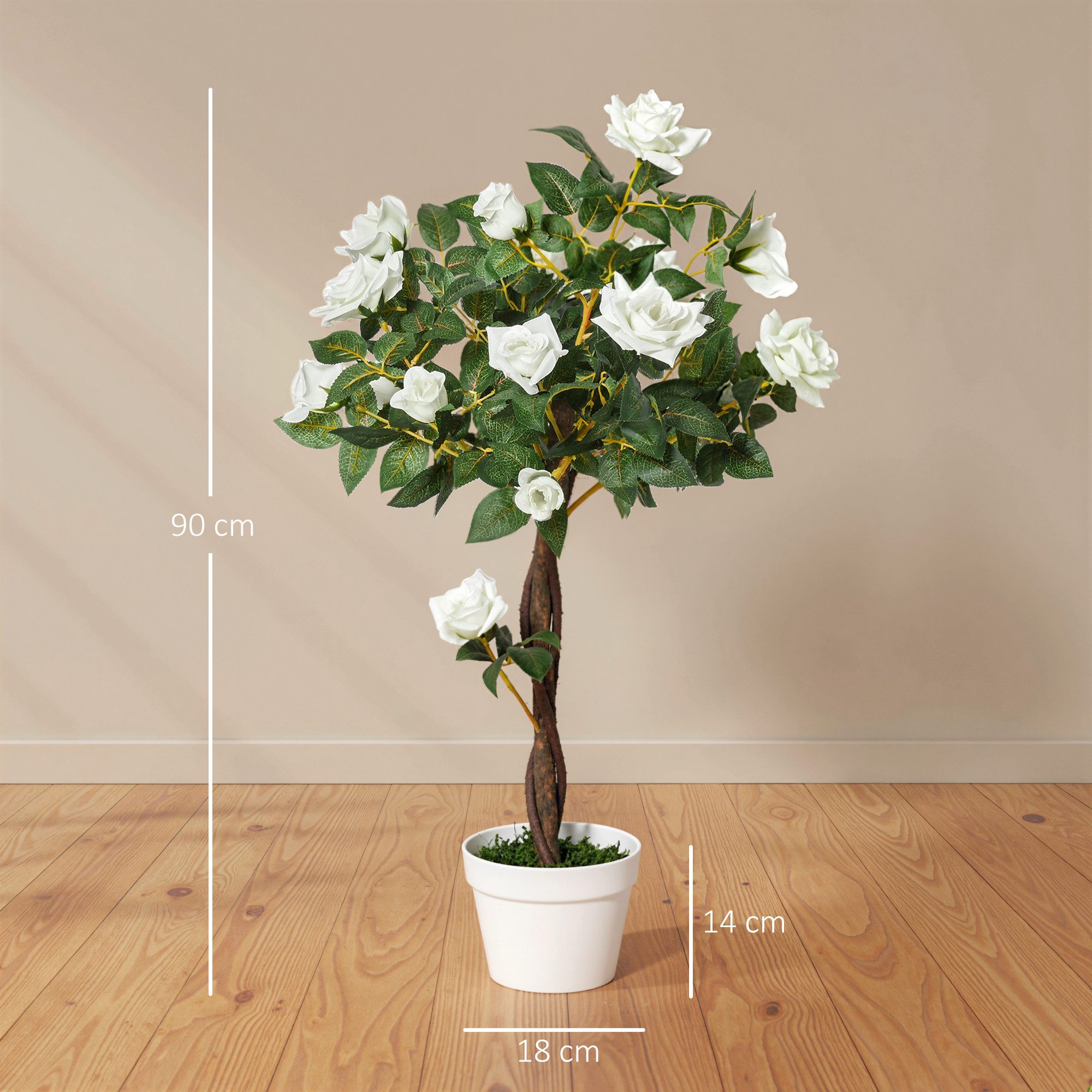 Kunstpflanze groß Rosenbaum im Topf Rosenbaum, Outsunny, Höhe 90 cm, Täuschend echte Optik, keine Pflege nötig.