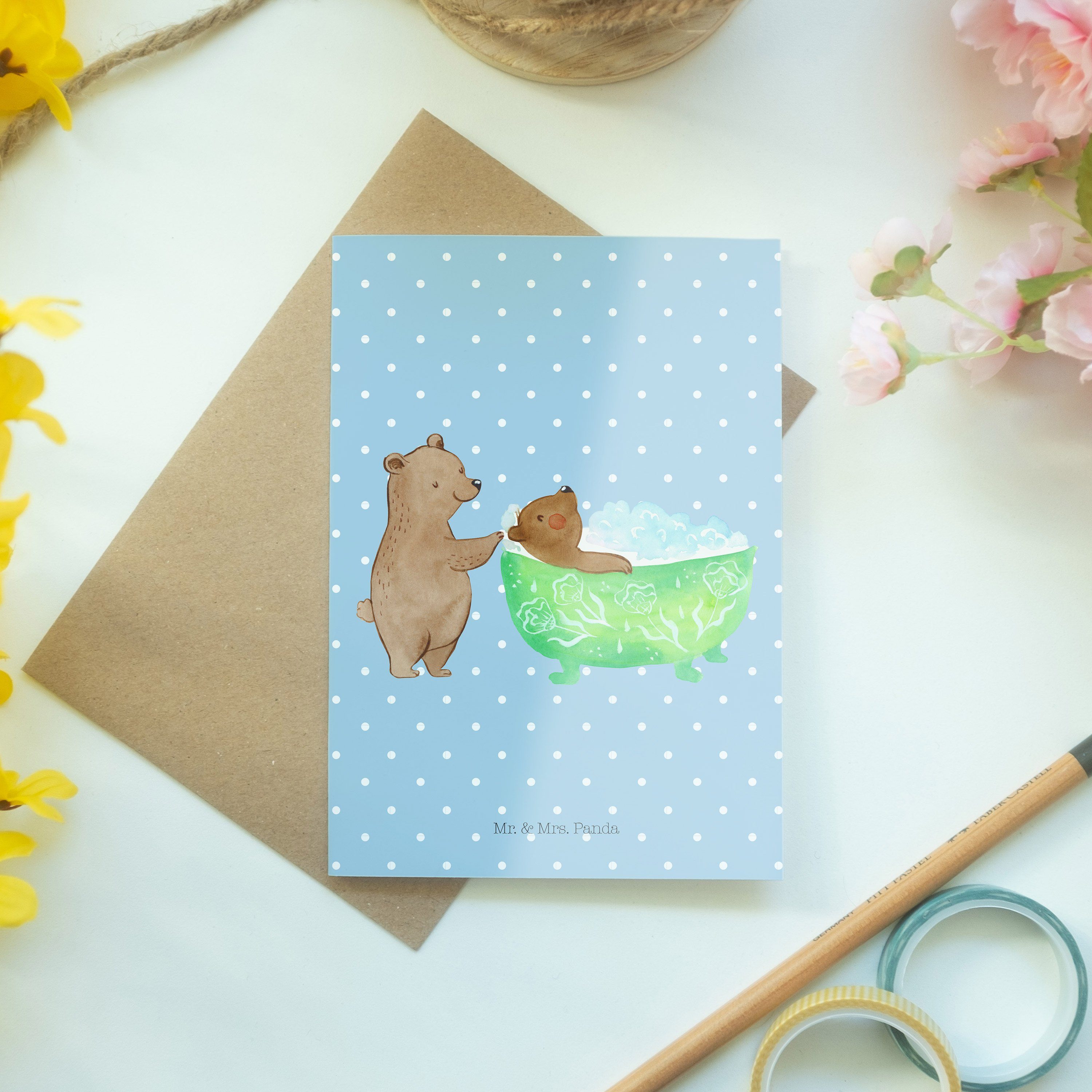 Mr. Pastell Grußkarte Blau badet Panda Karte, - & Geschenk, Oma - Mrs. Kla Muttertag, Schwester,