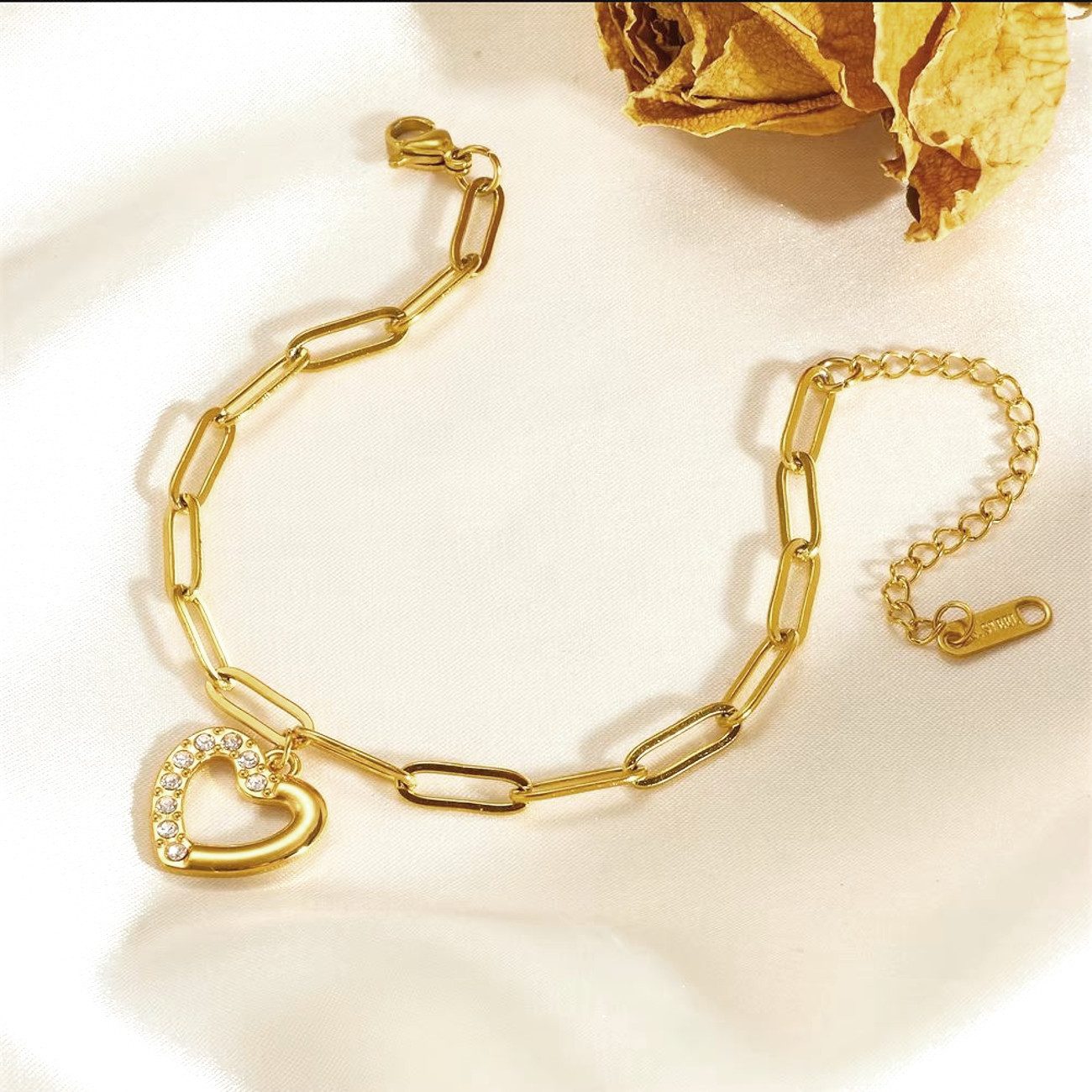 KARMA Edelstahlarmband Damen Armband Edelstahl Gliederarmband mit Herzanhänger (Edelstahldamenarmband modern, Schmuck für Frauen Damenarmband Herzarmband), Silber oder Gold filigran Armkettchen Karabinerverschluss