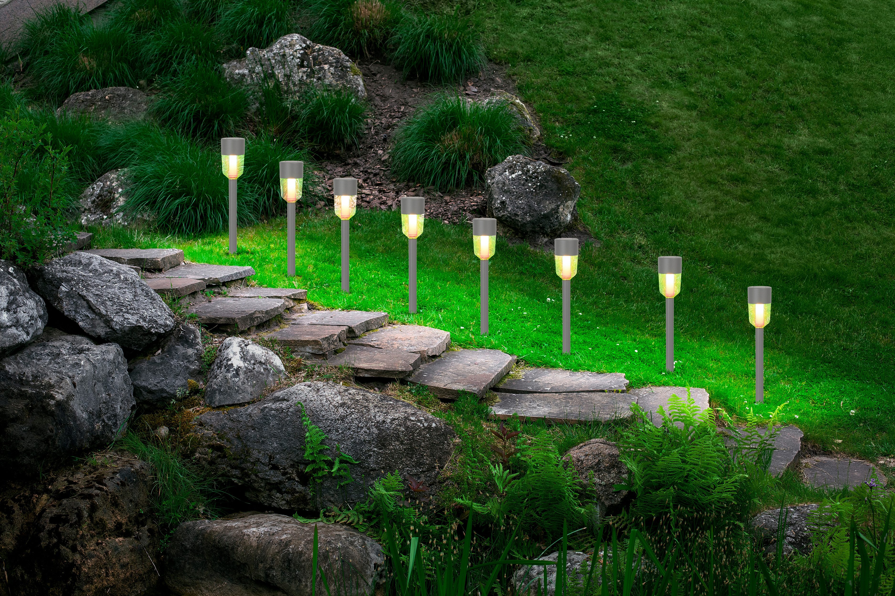 näve LED Solarleuchte Doha, LED fest integriert, Warmweiß, 8er-Set Dekoerdspieß, je H: 35,5cm, grau, LED warmweiß, Leuchtdauer 8h