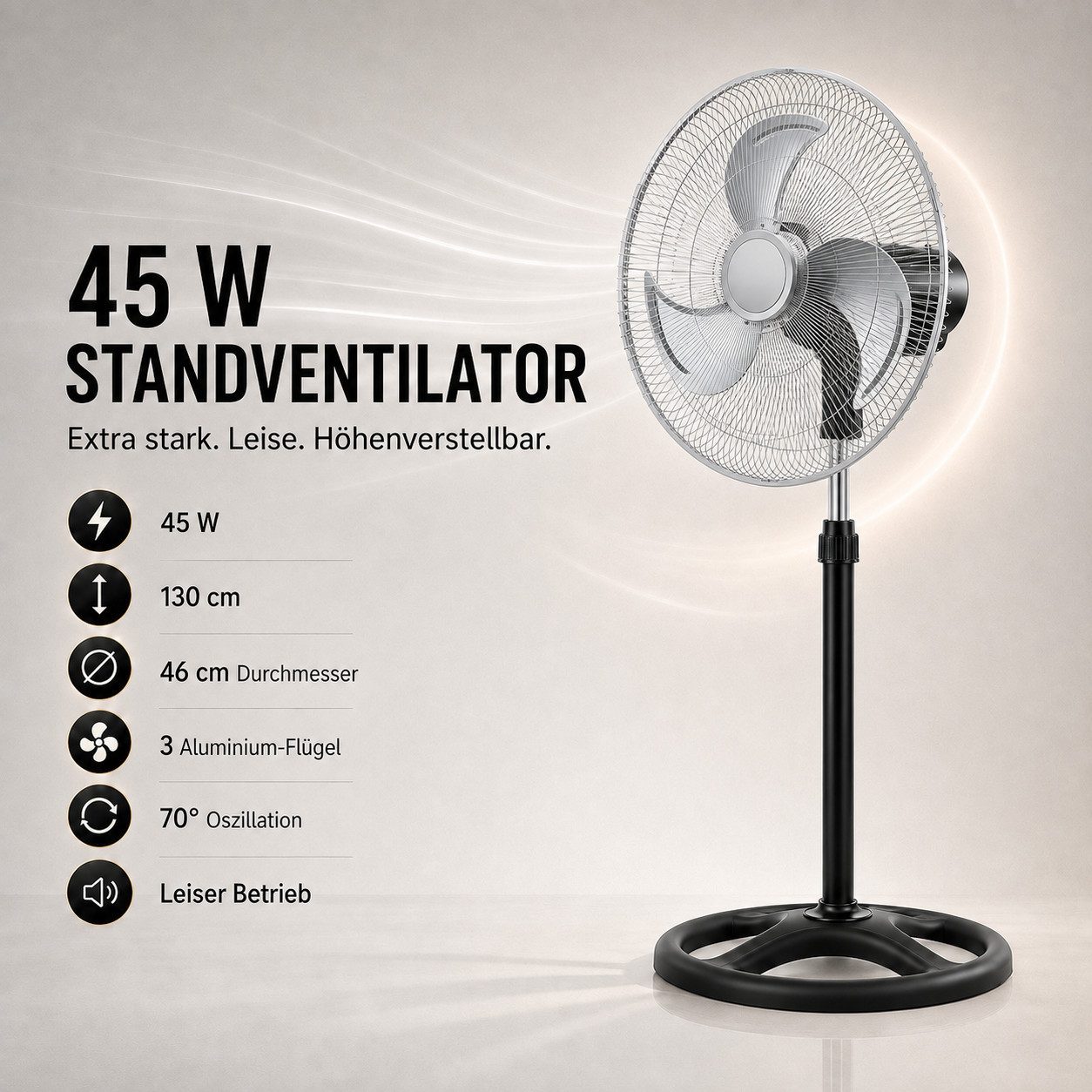 Ertex Standventilator Stand Ventilator 45W Metro 130cm Höhe Turmventilator Kühler STARK