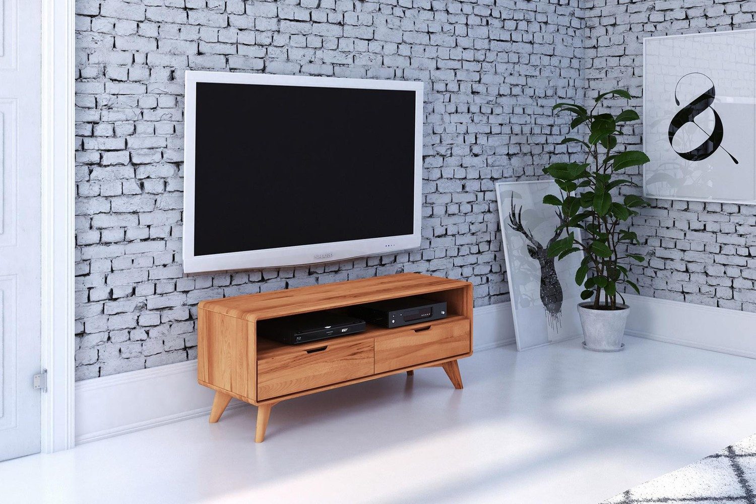 Natur24 Lowboard TV-Board Gerg Kernbuche 120x40x48 mit 2 Schubladen und offenem Fach