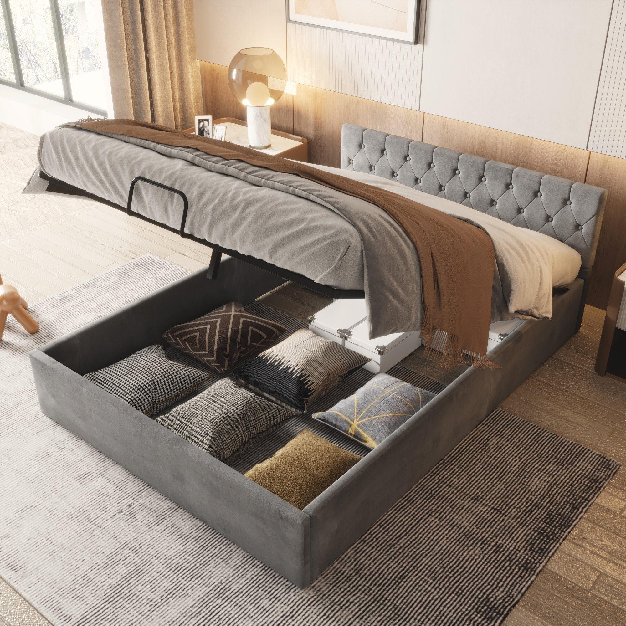 Boxspringbett (Polsterbett), Hydraulisches Doppelbett 140x200 cm mit Knopfheftung