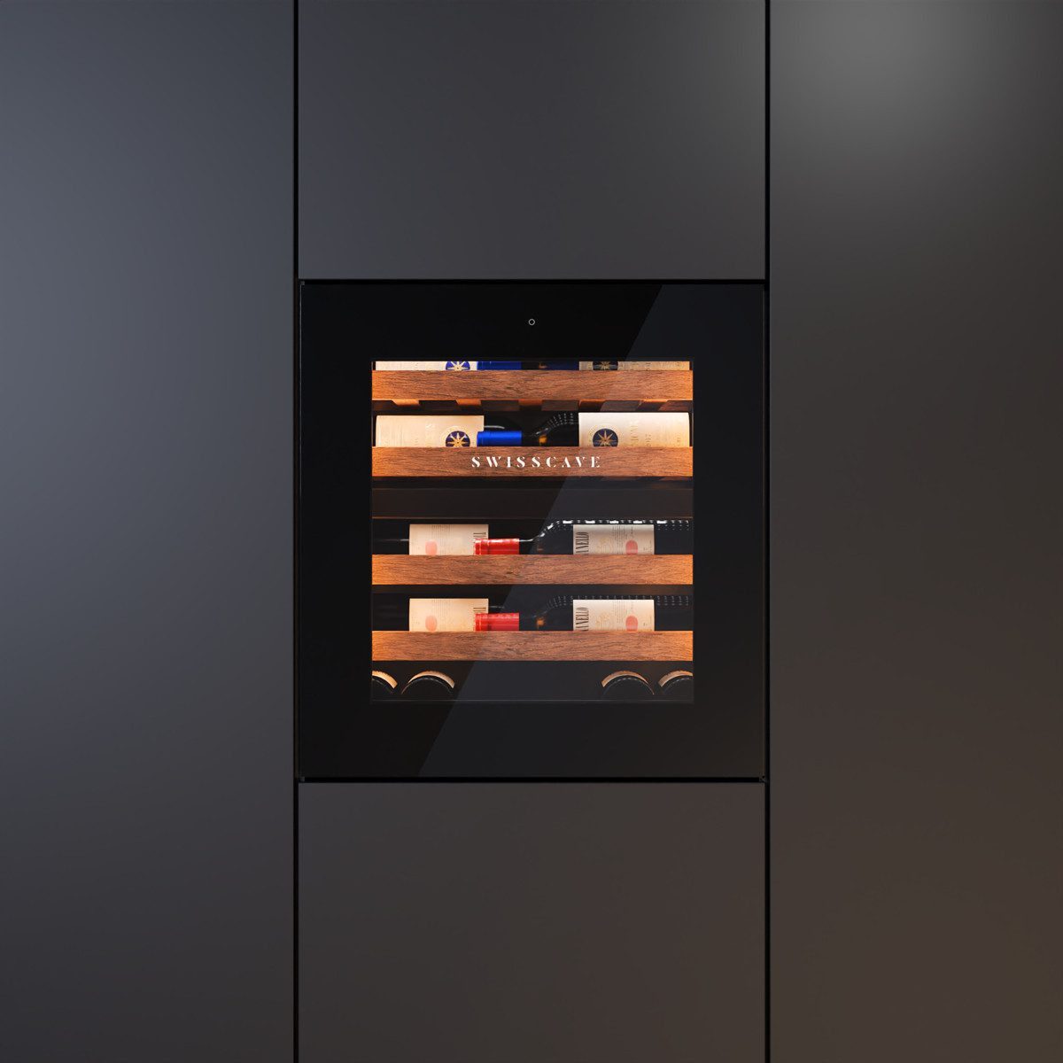 Swisscave Weinkühlschrank WIB-60DFT. 2-Zonen Weinkühlschrank, 60cm, 26 Flaschen, Touch to open, für 26 Standardflaschen á 0,75l,UV-abweisende Glastür, Vollauszugsschienen aus Sapele-Holz