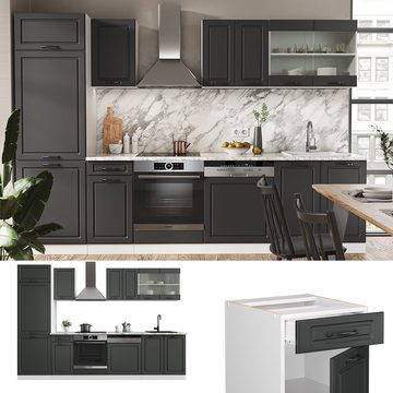 Livinity® Küchenzeile R-Line, Anthrazit Landhaus/Weiß, 300 cm, AP Eiche