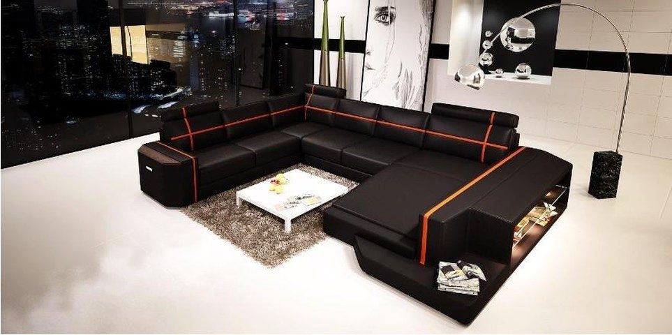 Xlmoebel Wohnlandschaft Ecksofa von XLMOEBEL in Schwarz mit LED-Beleuchtung und Lederbezug, Wohnlandschaft 4 Teile, Made in Europa