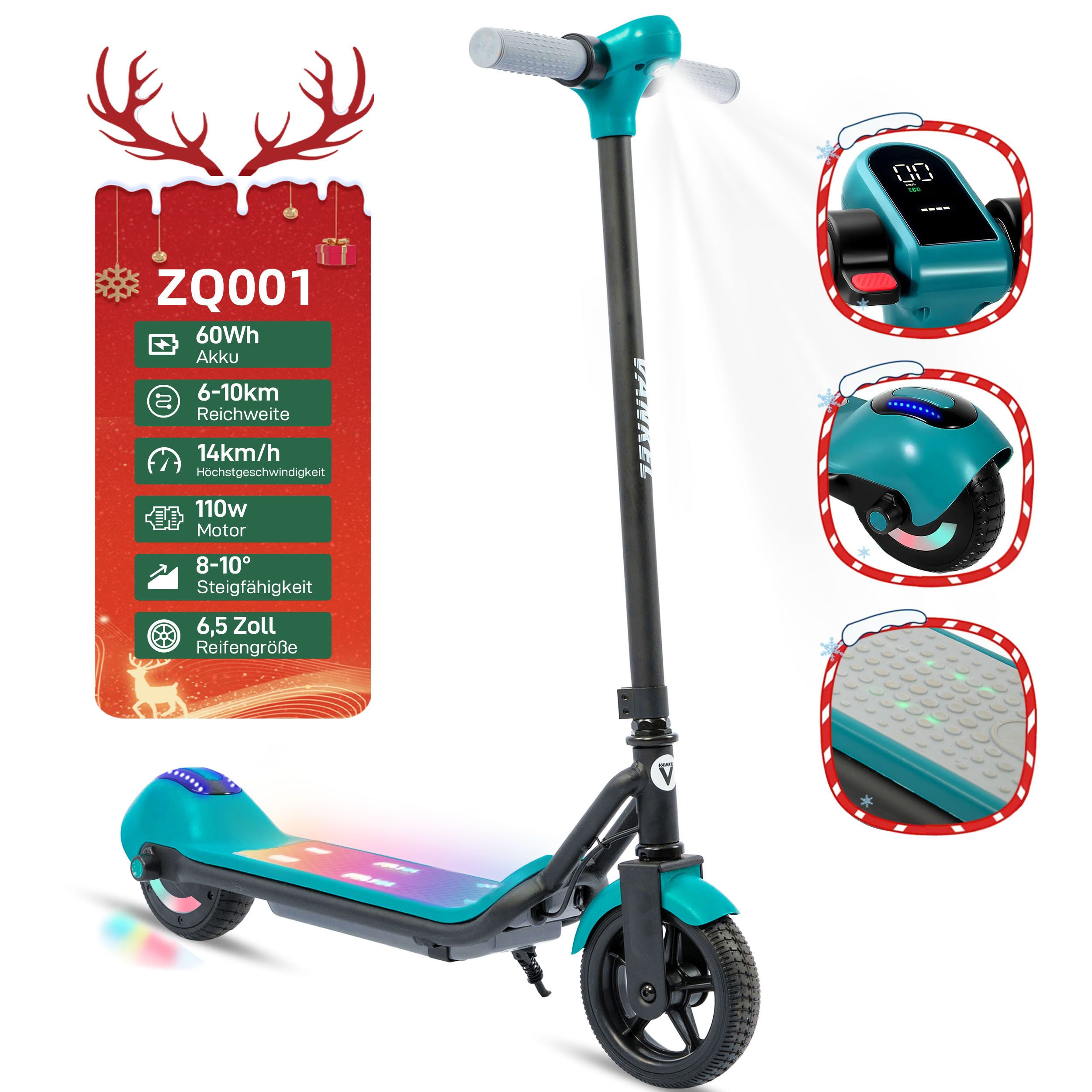 Vankel Elektro-Kinderroller E Scooter Kinder, ab 6 Jahren, 14km/h, Bunte LED-Lichter, Belastbarkeit 50 kg, mit Bluetooth, E-Bremse, 10km Rechweite