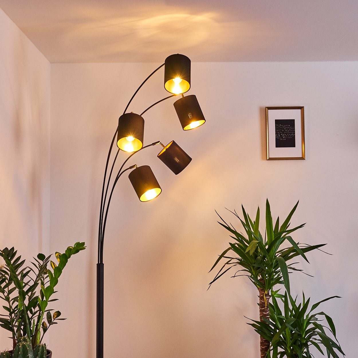 hofstein Stehlampe moderne ohne Leuchtenköpfe in Leuchtmittel, Fußschalter aus Metall/Stoff Leuchte Schwarz/Gold, Stehleuchte und verstellbare 5xE14, »Vellai«