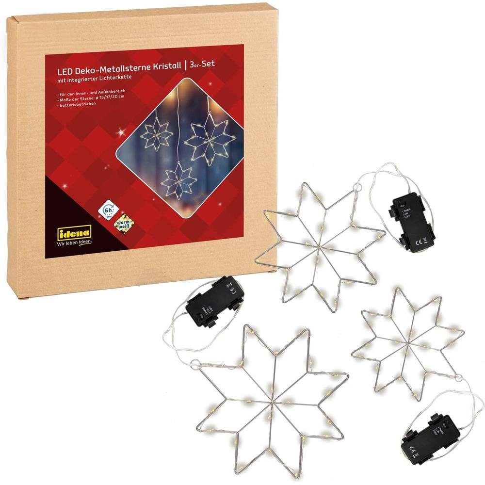 Idena LED Stern Kristall, LED fest integriert, warmweiß, 3er Set, mit Timer, für Innen und Außen