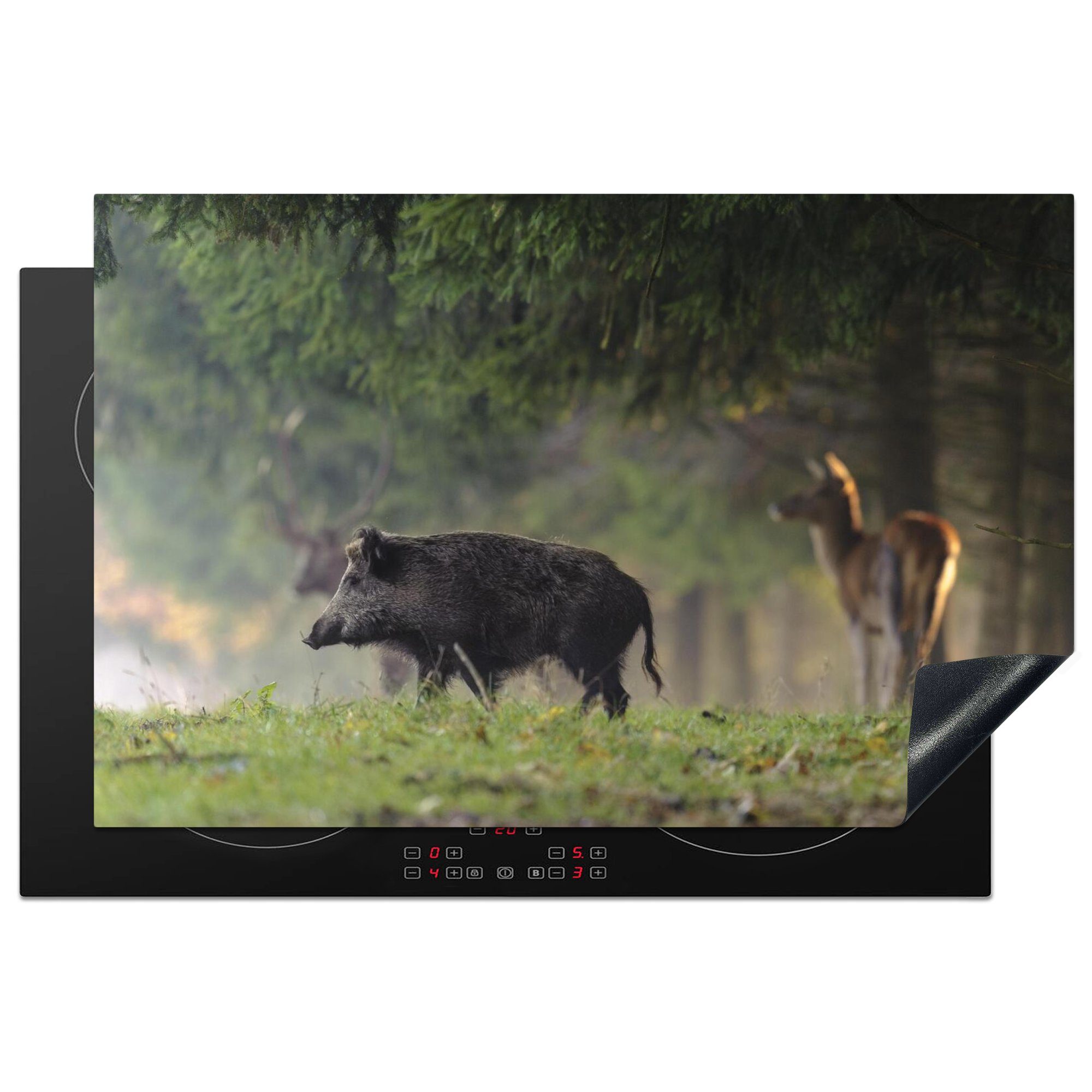 MuchoWow Herdblende-/Abdeckplatte Wildschwein - Rotwild - Wald, Vinyl, (1 tlg), 81x52 cm, Induktionskochfeld Schutz für die küche, Ceranfeldabdeckung