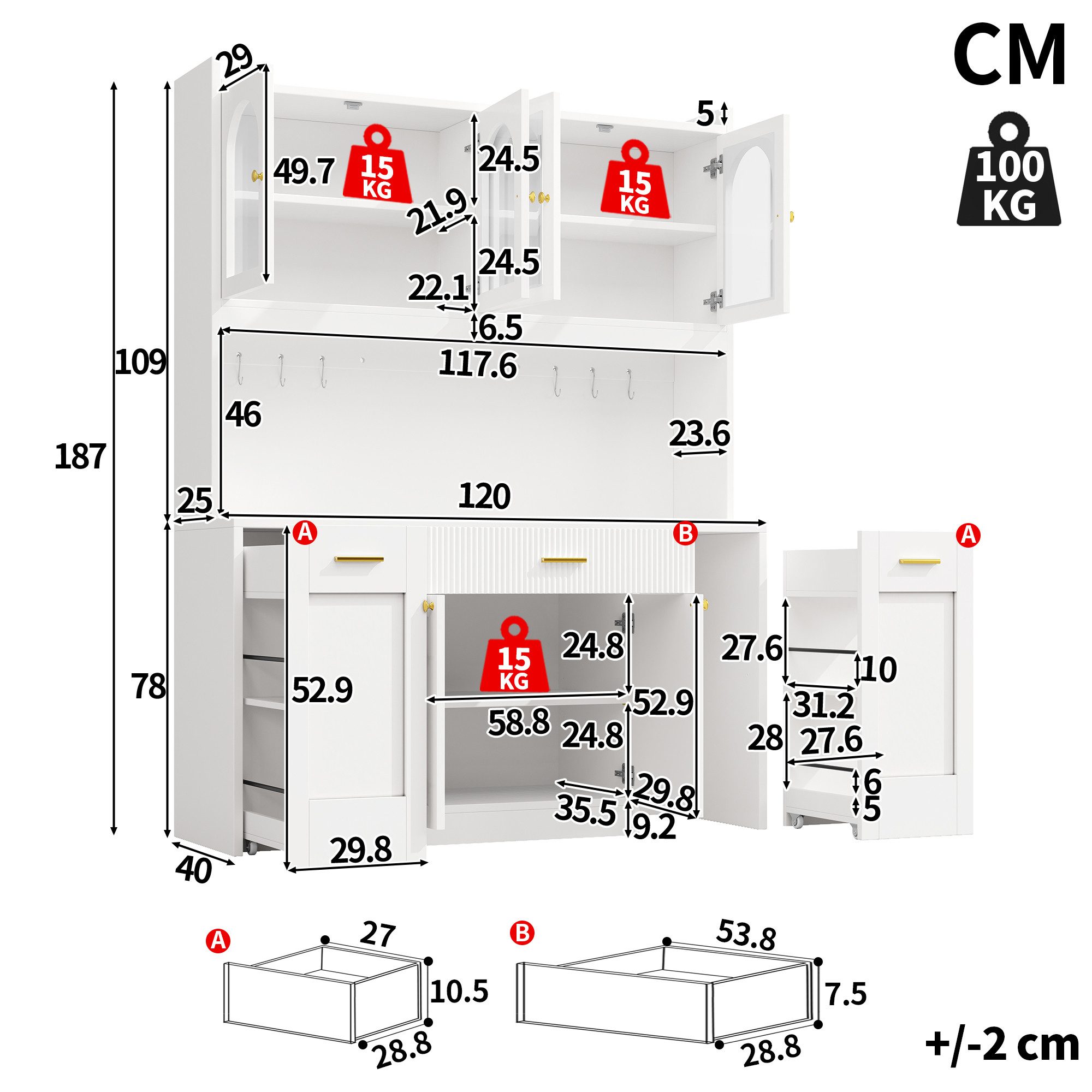 Flieks Küchenbuffet Hochschrankmit LED-Beleuchtung, 4 Glastüren, beidseitigen Roll-Ablagen (B120/T40/H187 cm, 1-St) Küchenschrank Glasvitrinen mit verstellbarer – Bild 5 von 5