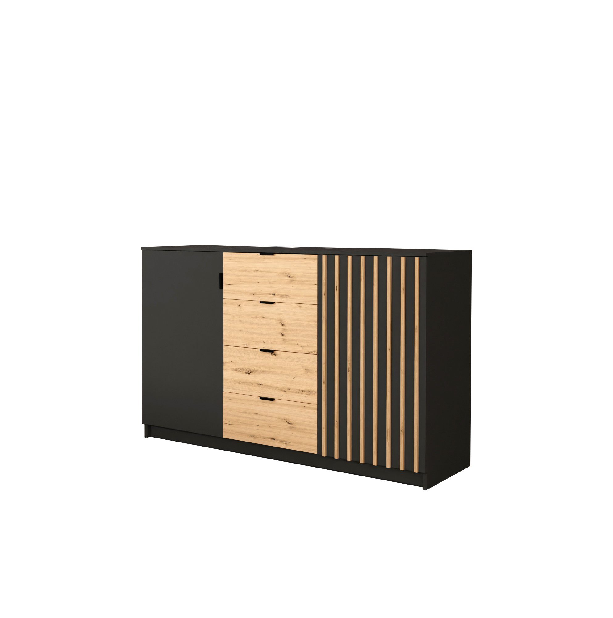 MOEBLO Kommode XANO 150 (Moderne, schwarze Griffe, mit Schubladen schwarz + wotan + wotan Latten, Sideboard Wohnzimmer Kommode Schlafzimmer Komodenschrank Highboard), (B x H x T):150cm x 94cm x 45cm