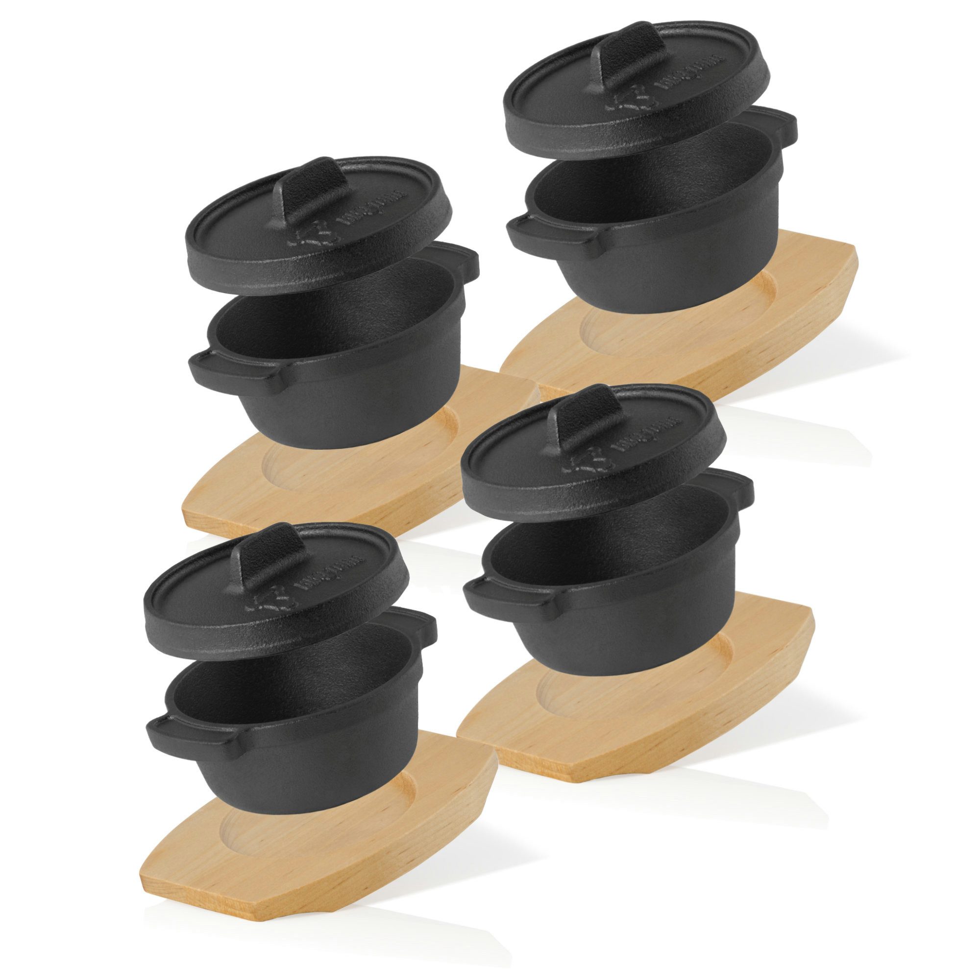 BBQ-Toro Serviertopf Mini Dutch Oven (4 Stück), Ø 11 cm, Gusseisen Topf mit Holzunterlage, Gusseisen (Set)