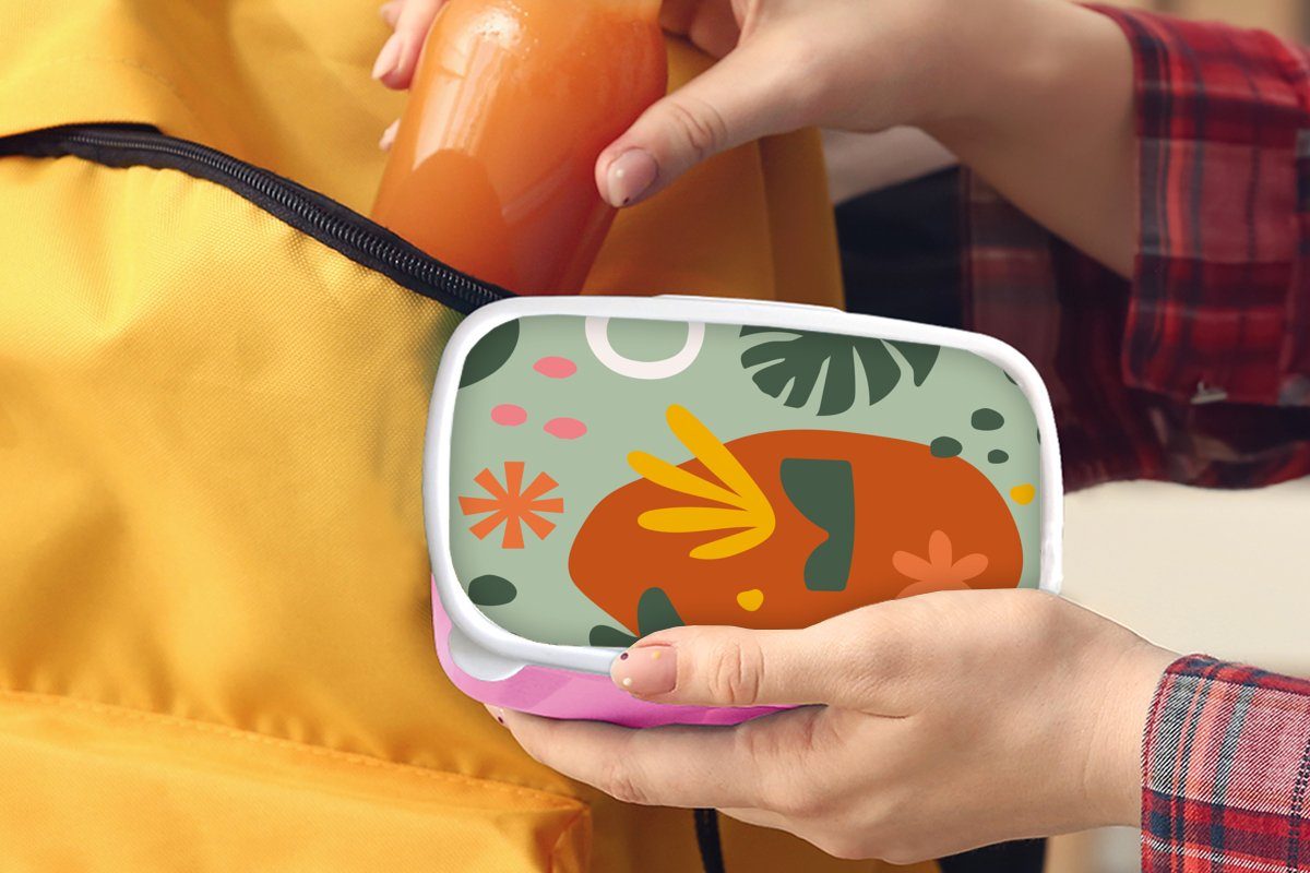 MuchoWow Lunchbox Muster, Pflanzen Kunststoff, Kinder, Kunststoff Brotdose - (2-tlg), - Brotbox Mädchen, Snackbox, für rosa Monstera Erwachsene