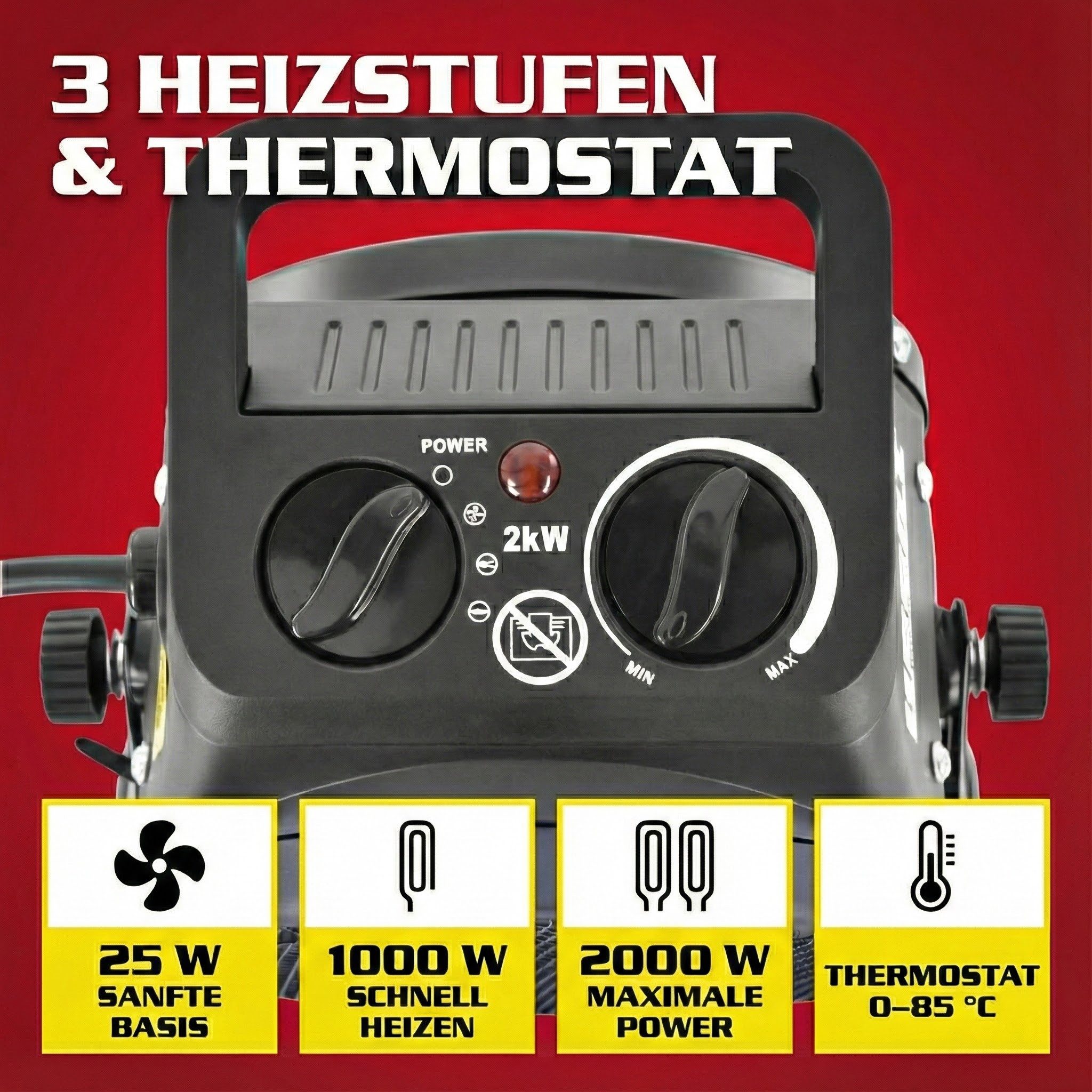 Hecht Keramikheizlüfter Heizgerät Heizung 3542 & 3543, 2000 W, 3 Stufen, Tragegriff, Überhitzungsschutz – Bild 4 von 5