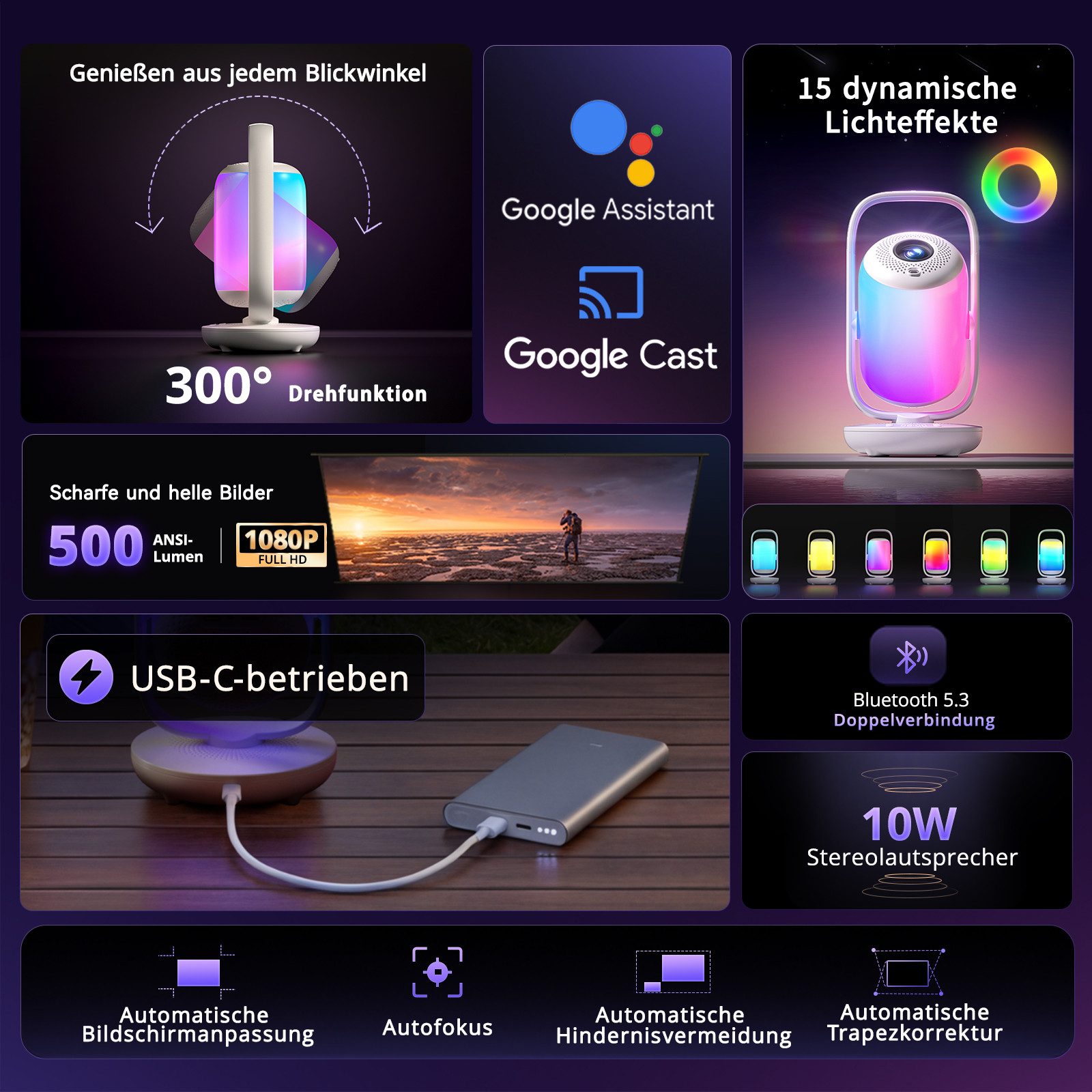 ETOE Starfish 2 LCD-Beamer (3000:1, 1920×1080 px, 1080p Full HD, 4K-Dekodierung, 500 ANSI-Lumen, Google TV mit Netflix)