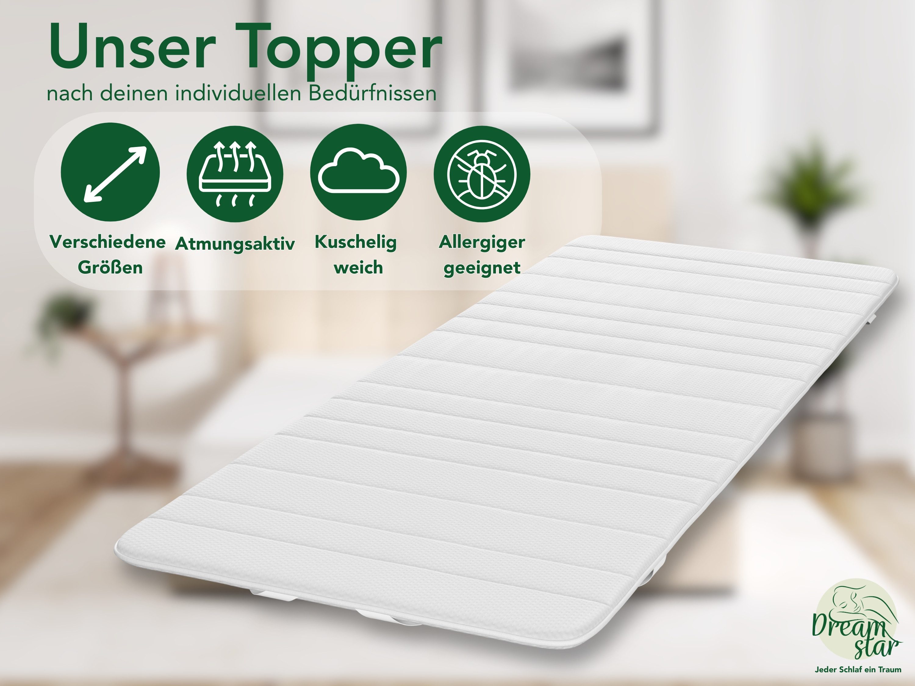 Dreamstar, Topper dünne Matratzenauflage zur Verbesserung des Schlafkomforts, 2 cm hoch, Polyester, rutschfest, waschbar - für Matratzen und Boxspringbetten