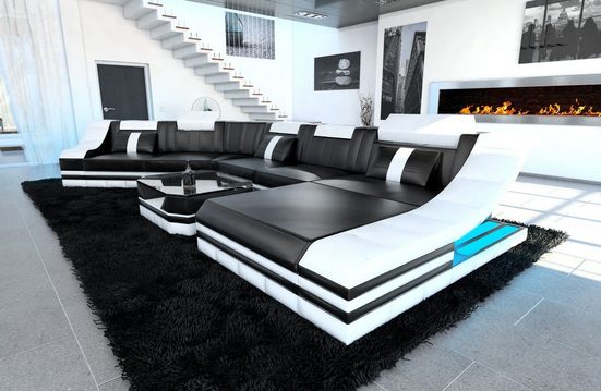 Sofa Dreams Wohnlandschaft »Turino«, C Form Ledersofa mit LED, wahlweise mit Bettfunktion als Schlafsofa, Designersofa