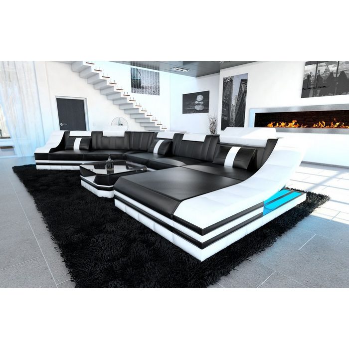 Sofa Dreams Wohnlandschaft Turino - C Form Ledersofa Couch mit LED wahlweise mit Bettfunktion als Schlafsofa Designersofa