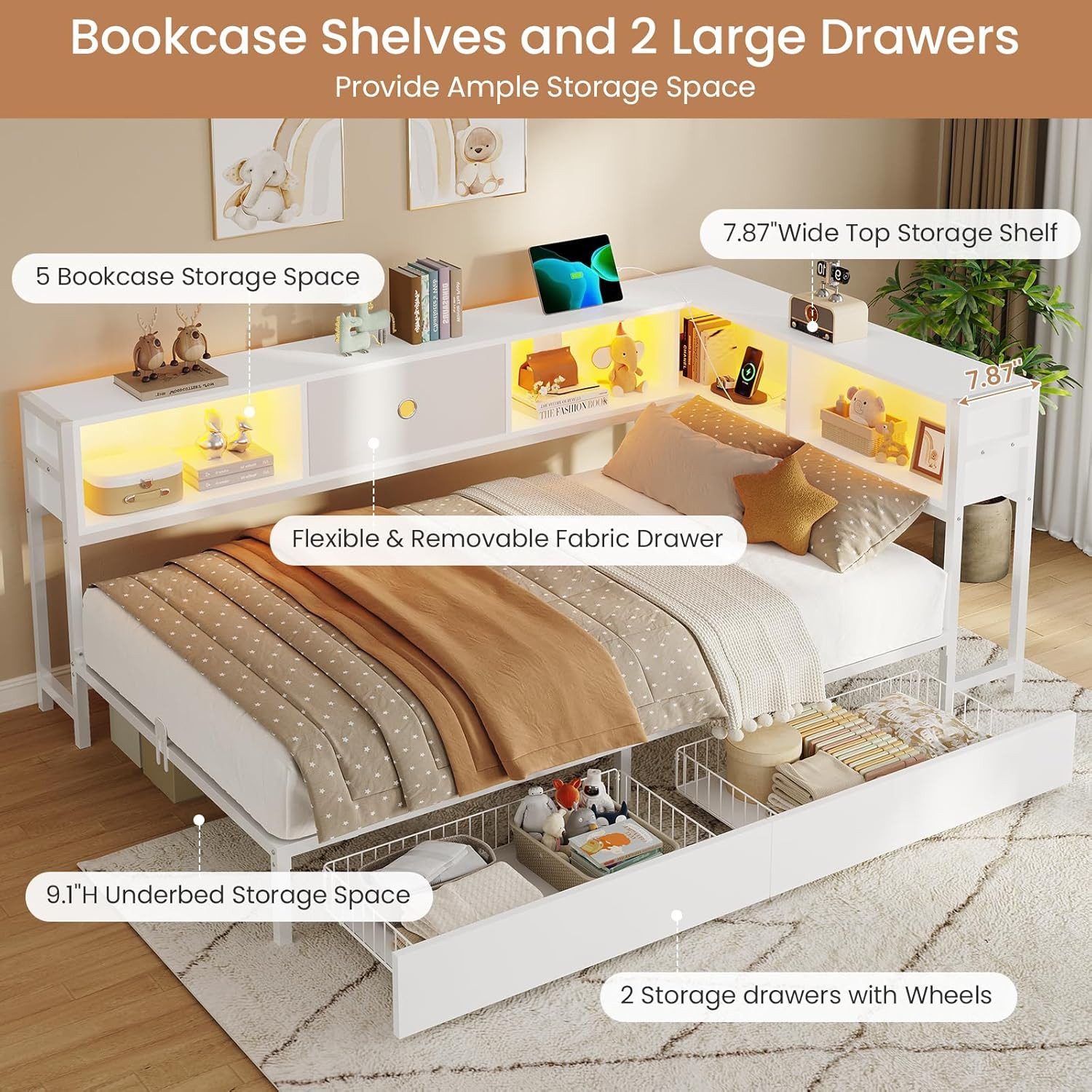 MSMASK Daybett L-Form Schlafsofa mit LED-Beleuchtung und Steckdose, Kinderbett (1 tlg), Jugendbett mit Metallrost, 90x200cm, Weiß – Bild 5 von 5