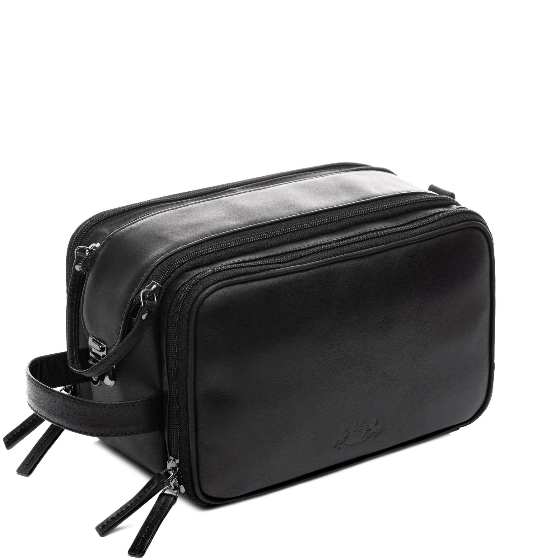 SID & VAIN Kulturbeutel echt Leder Kulturtasche groß schwarz LOUIS, Waschbeutel Echtleder für Damen & Herren, Kosmetiktasche schwarz