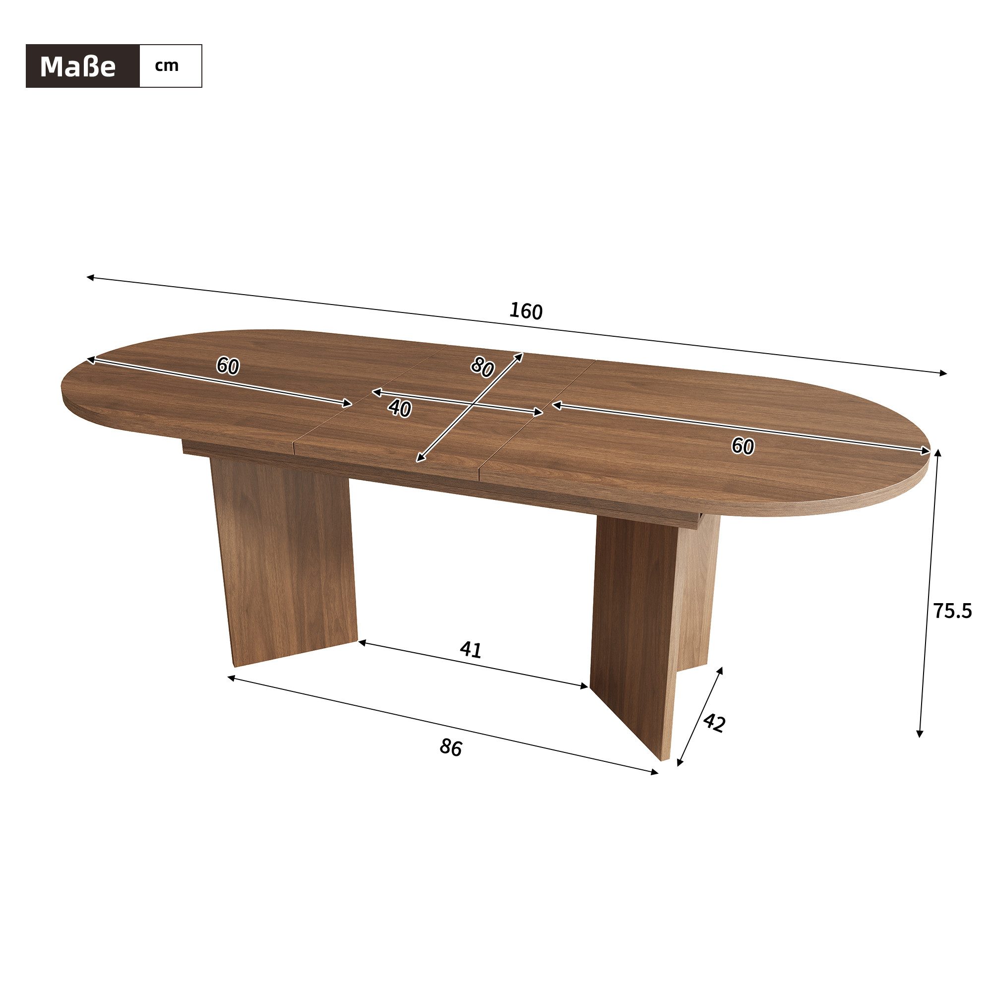Flieks Esstisch (Länge 120-160/T80/H75 cm, 1-St., 1 Tisch), ausziehbarer Küchentisch ovaler Tisch Holzoptik, Nussbaumfarbe – Bild 5 von 5