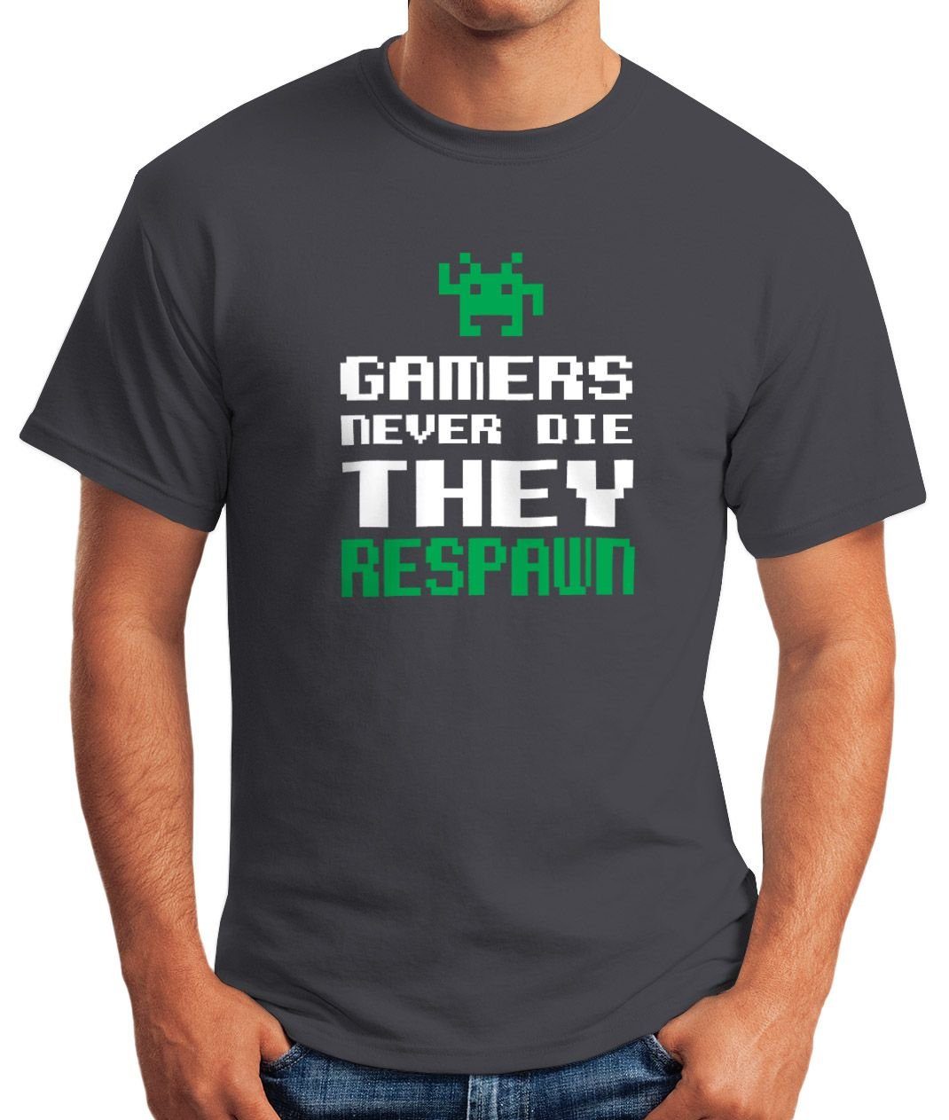Zocker mit Pixel Gamers Retro MoonWorks Spruch Fun-Shirt they never 80er Print-Shirt Moonworks® 90er grau T-Shirt die Print respawn Herren