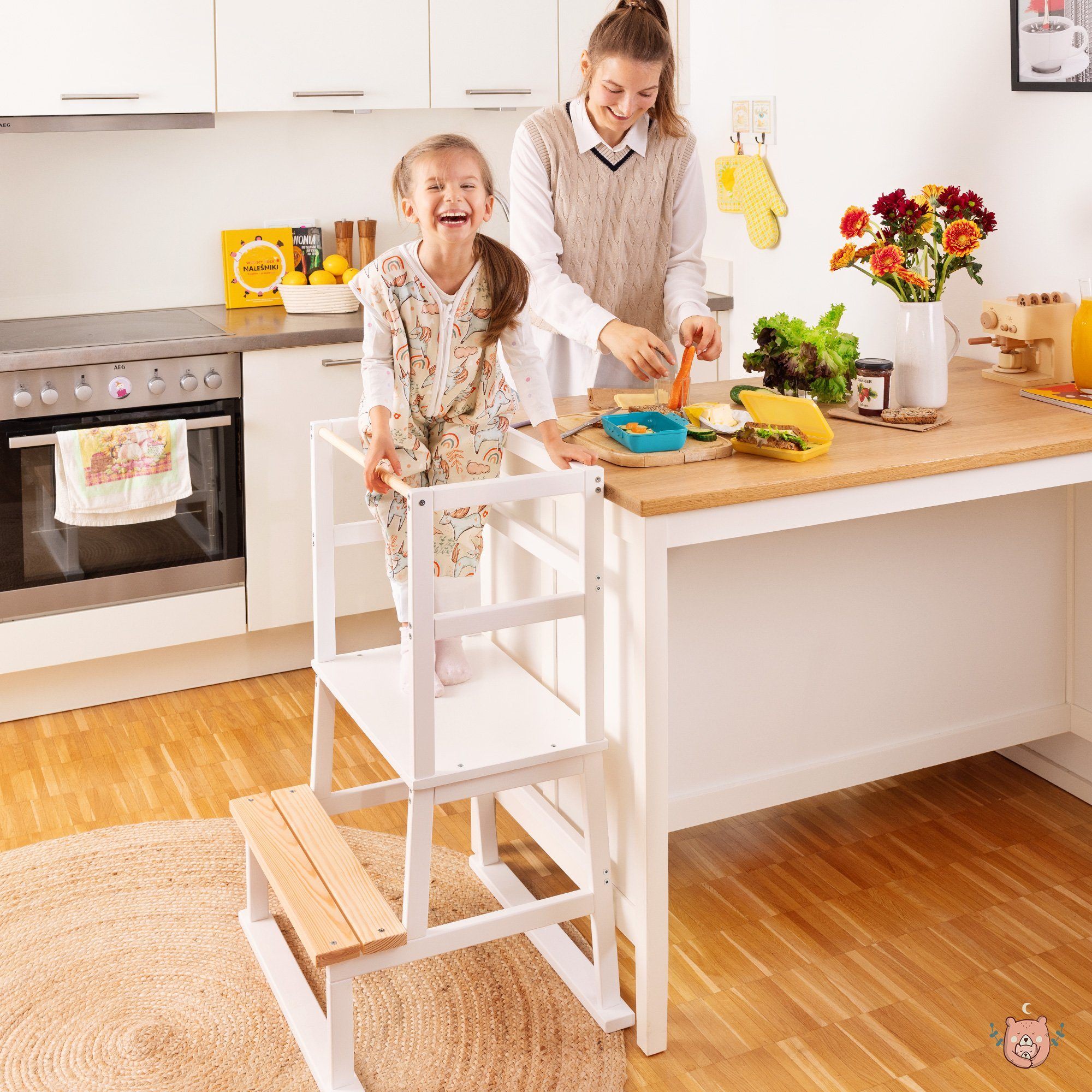 Alcube Stehhilfe Lernturm für Kinder Weiß (Montessori Kindertreppe aus  zertifiziertem Kiefernholz mit Rausfallschutz), Küchenhelfer ab 2 Jahre für  Mädchen und Jungen