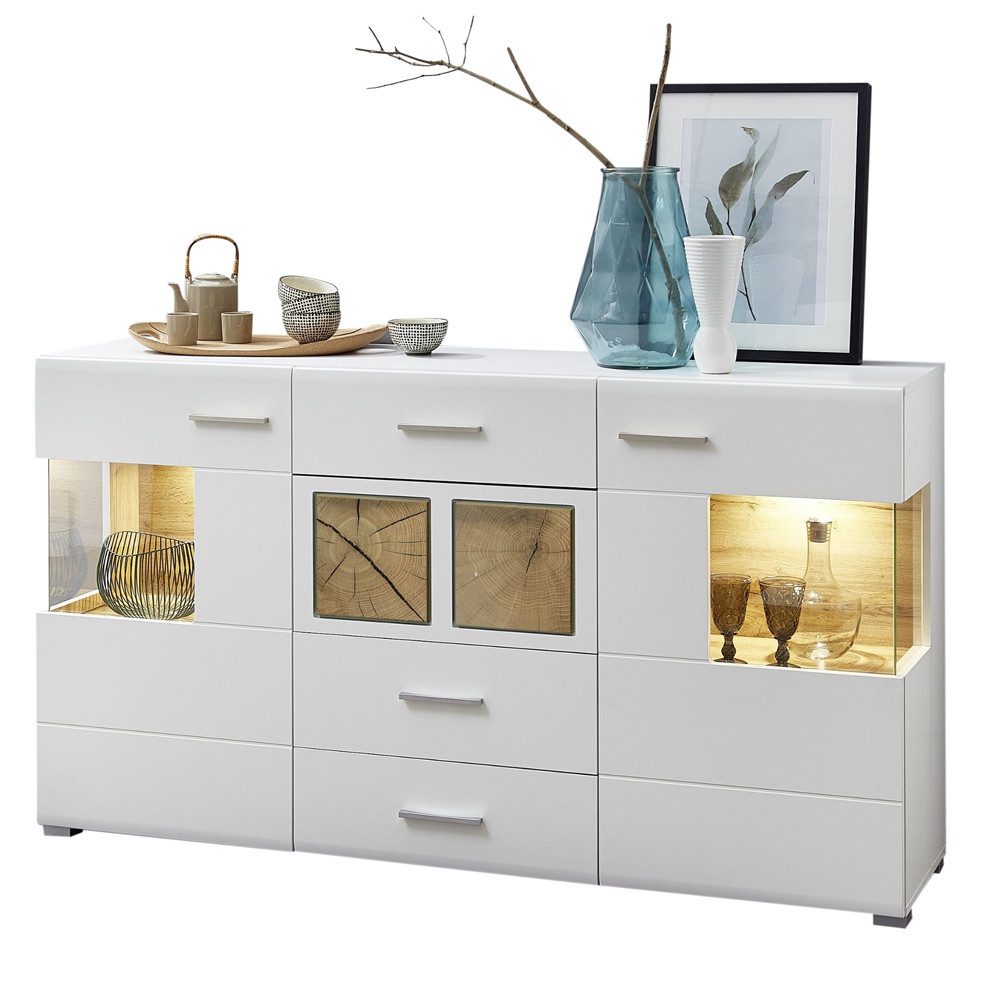 Lomadox Sideboard FARO-36, weiß Eiche Applikationen Beleuchtung und Glaseinsätzen ca 170/94/42 cm