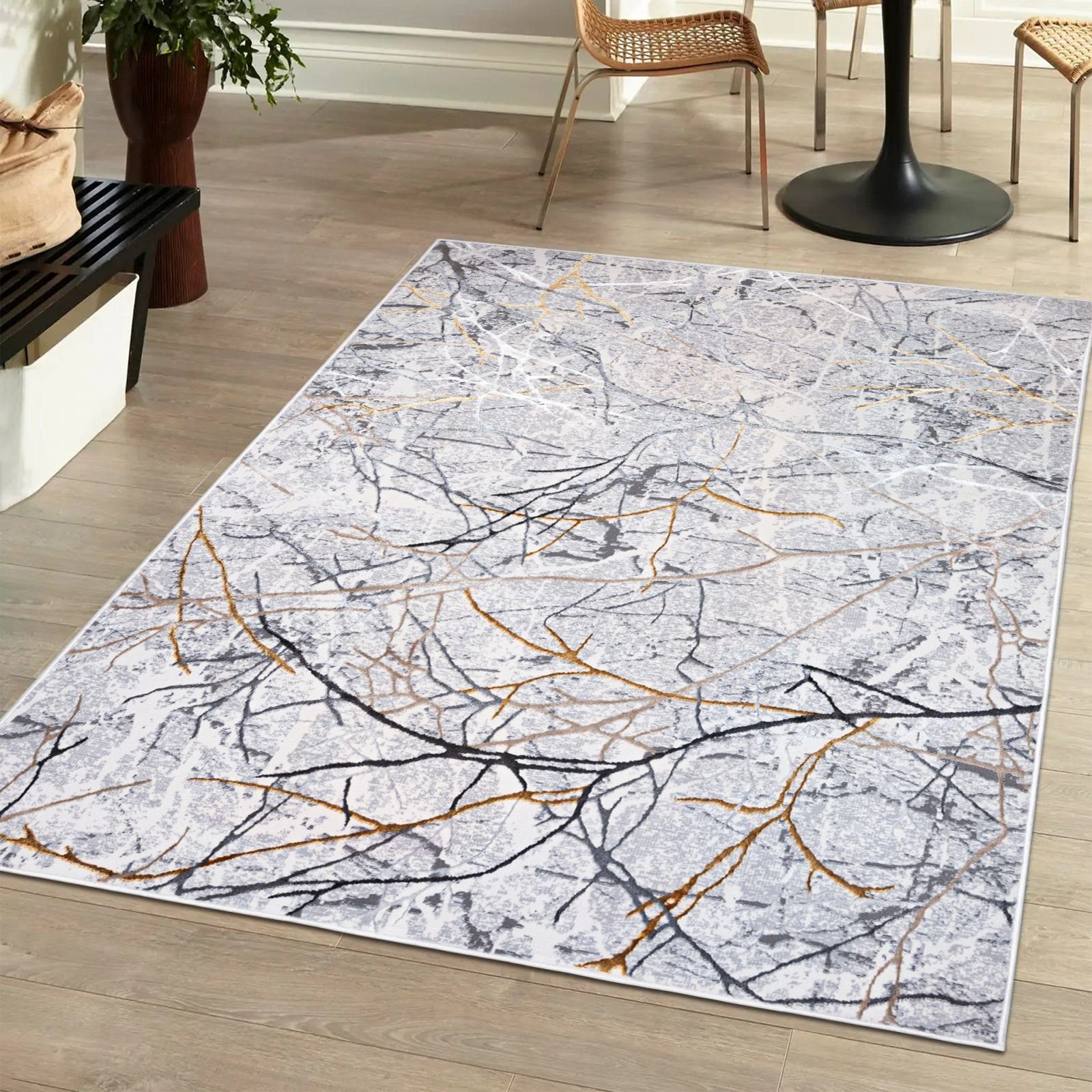 Designteppich Modern Teppich für Wohnzimmer - Glänzende - Grau Silber mit Gold, Mazovia, 80 x 150 cm, Glänzende Abstrakt Marmor, Höhe 10 mm, Kurzflor - niedrige Florhöhe, Weich, Pflegeleicht Grau Silber mit Gold / NA40S