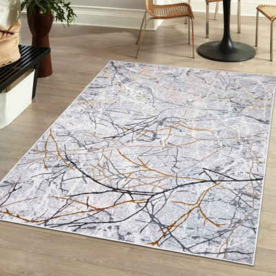 Designteppich Modern Teppich für Wohnzimmer - Glänzende - Grau Silber mit Gold, Mazovia, 120 x 170 cm, Glänzende Abstrakt Marmor, Höhe 10 mm, Kurzflor - niedrige Florhöhe, Weich, Pflegeleicht