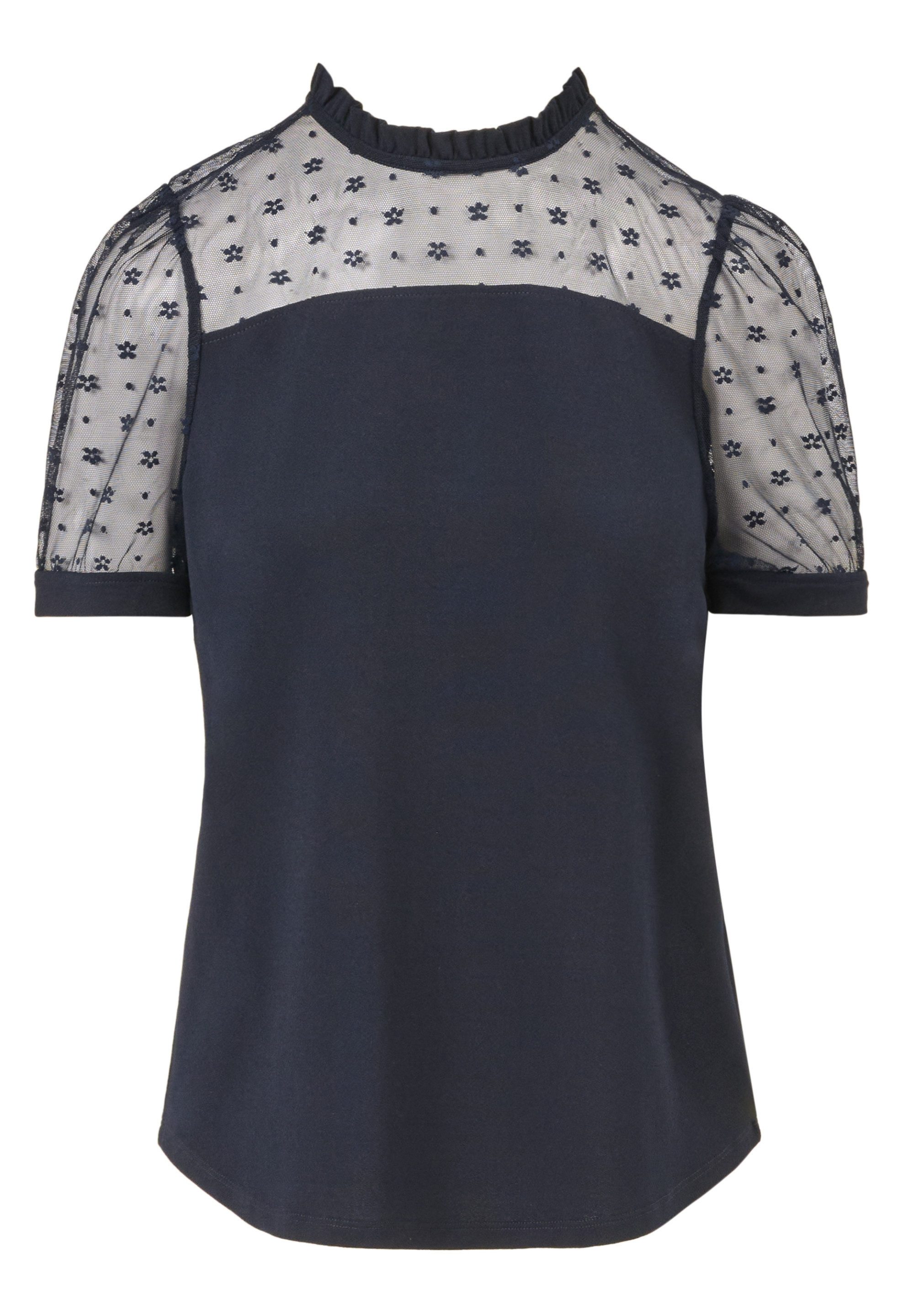 Adrianna Papell Kurzarmbluse Floral Mesh Yoke & Short Sleeve Ruffle Neck Top Verspielte Kurzarmbluse mit Rüschen am Ausschnitt